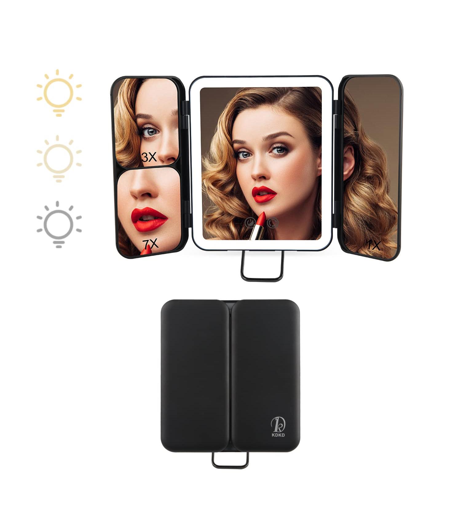 KDKD Travel Mirror: Mini Trifold Lighted Makeup Mirror - USB Rechargeable, Portable and Compact Vanity Mirror with 3 Light Modes, Touch Screen Dimming - Cosmetic Black - Buy Online on GoSupps.com