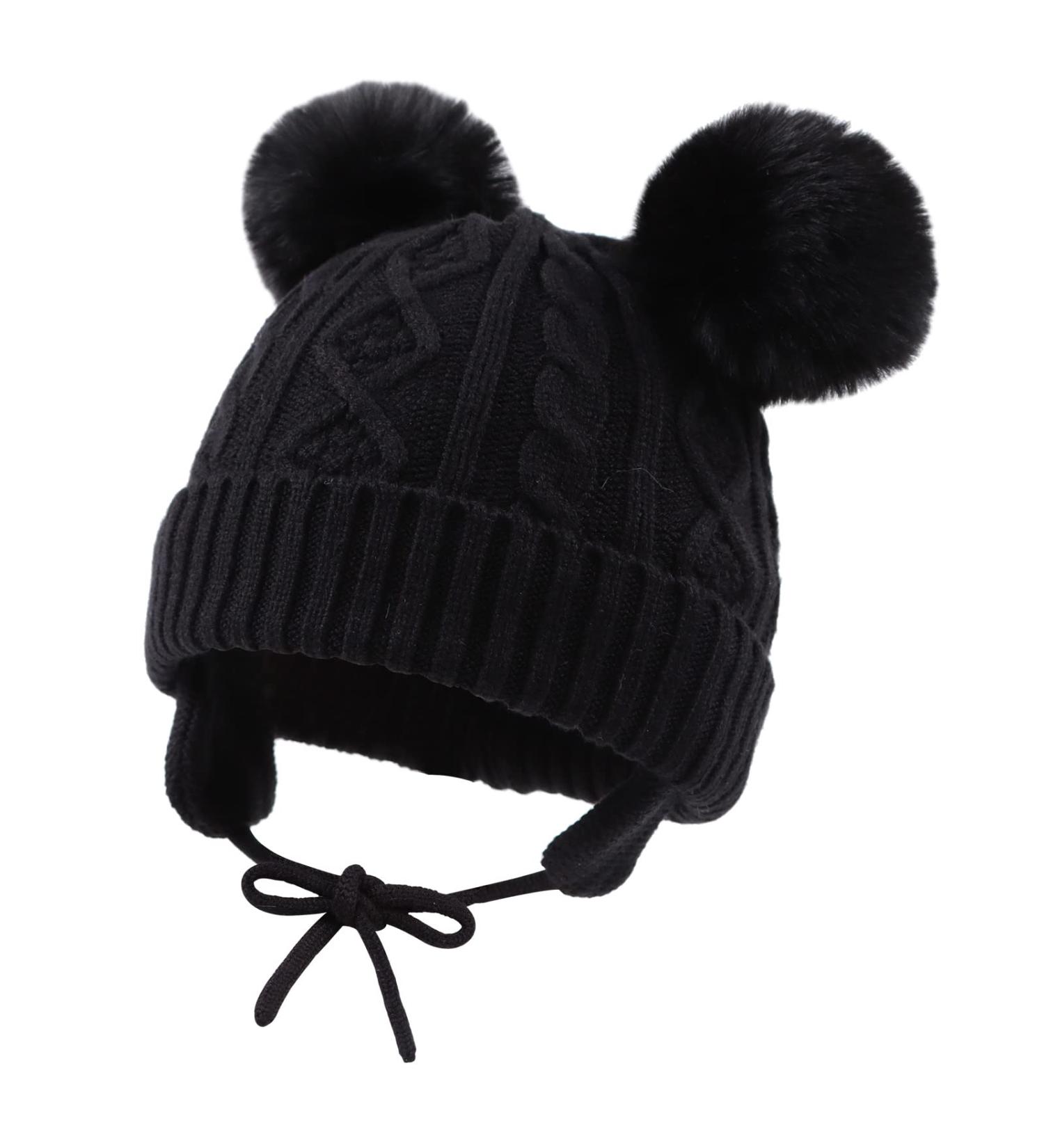 XIAOHAWANG Warm Kids Beanie - Winter Knitted Baby Hat for Boys Girls - Black Pompom - 0-6 Months - Buy Online on GoSupps.com