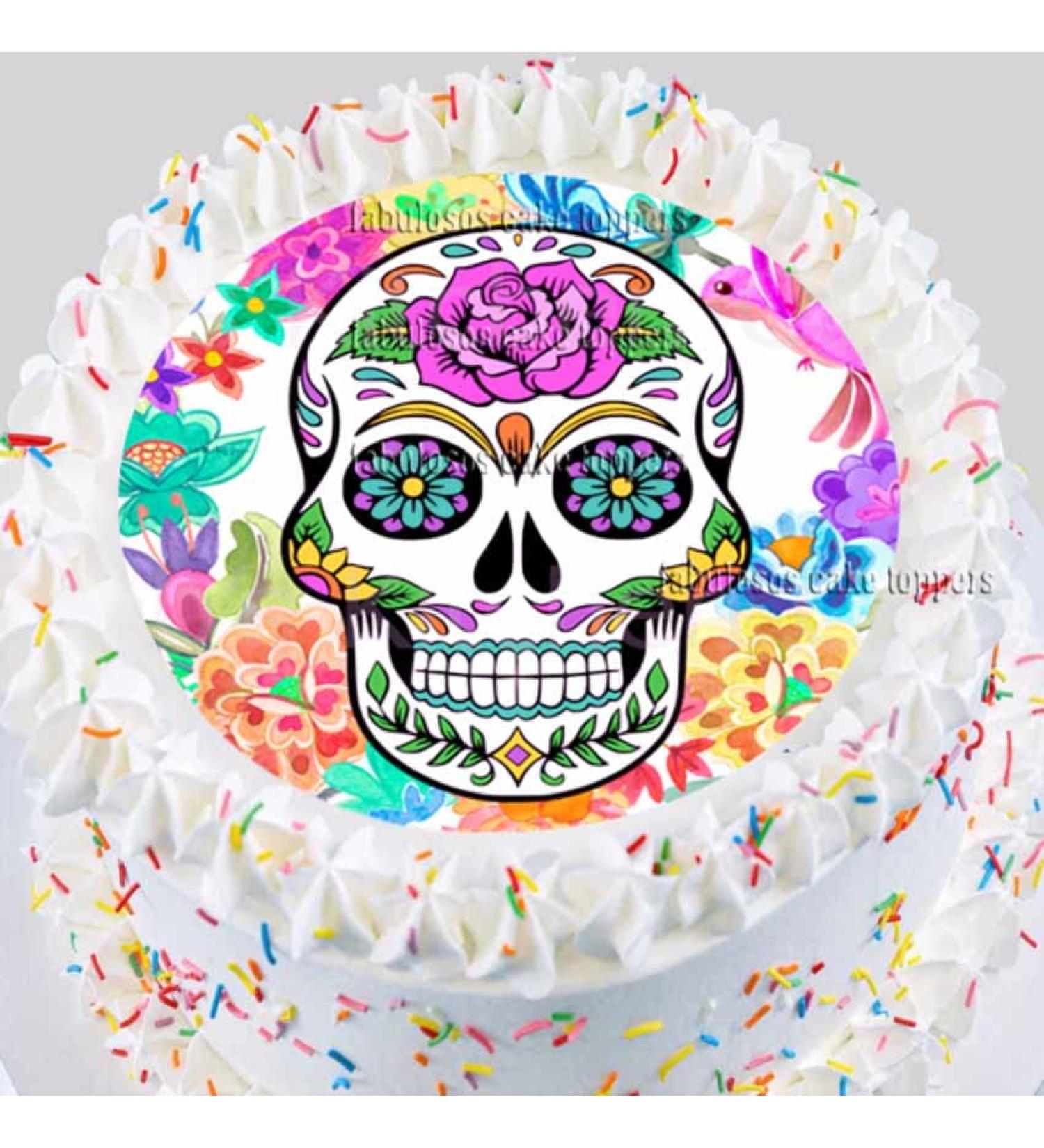 Skull Cake Topper - Edible Icing or Wafer paper - Mexican - Frieda - Day of The Dead - Flowers - 7.5" Round - Buy Online on GoSupps.com