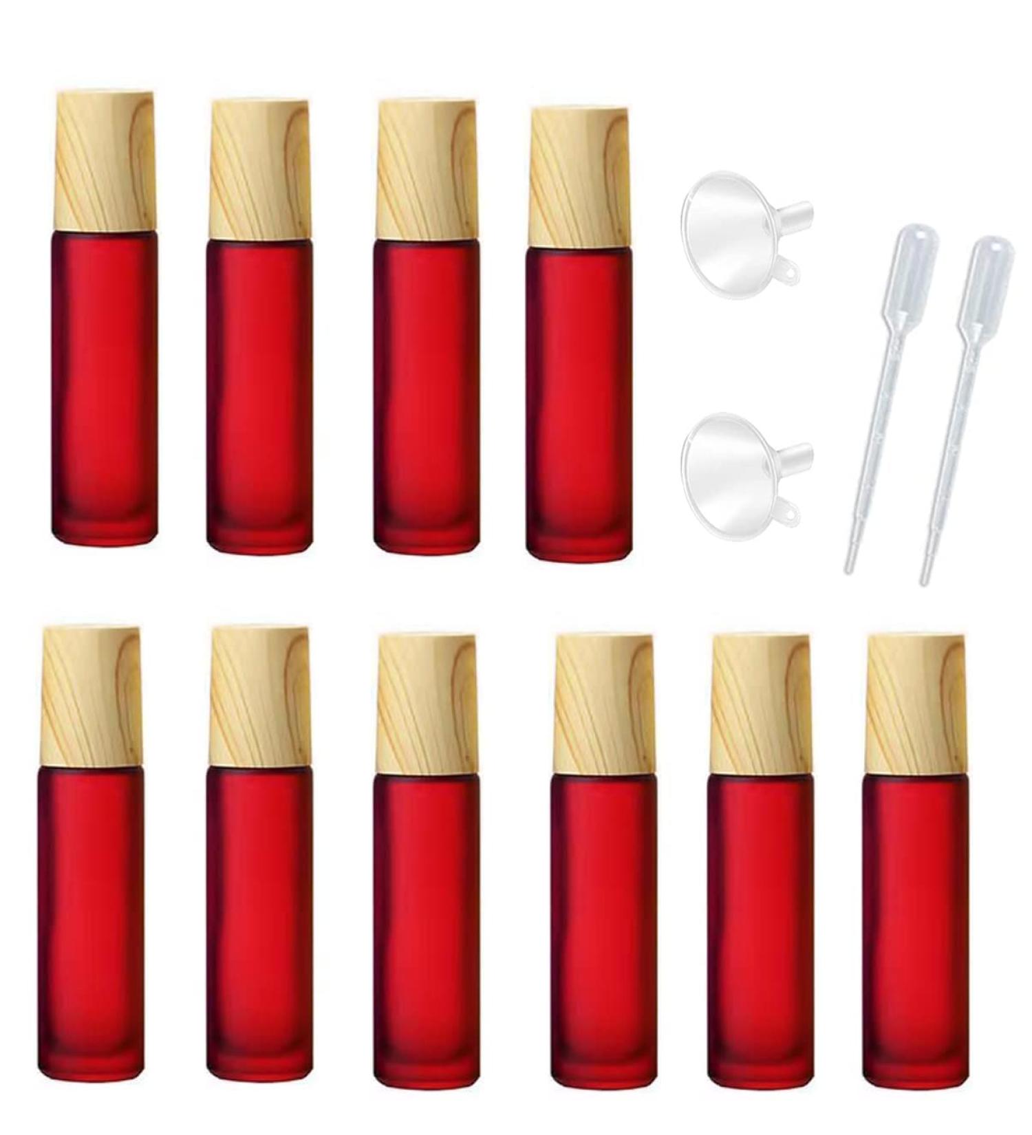 10 Pack Frosted Glass Essential Oil Roll-On Bottles - 10ml Refillable Massage & Perfume Vials with Stainless Steel Balls & Wood Grain Caps - Red Travel Essential Oil Containers - Buy Online on GoSupps.com