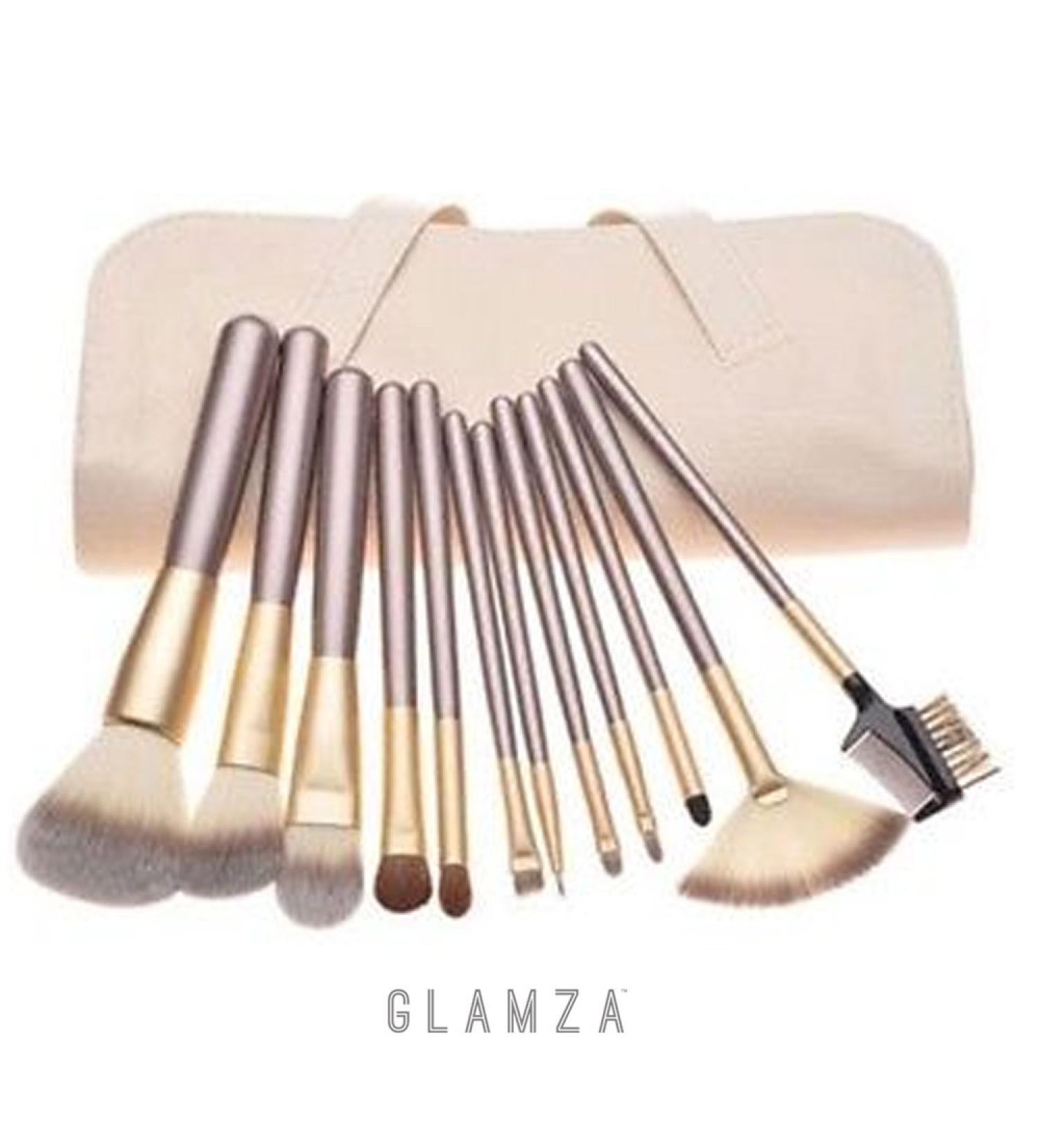 Glamza Pro 12pc Champagne Face Eye Brow Lip Contour MakeUp Brushes Set In White Pouch - Buy Online on GoSupps.com