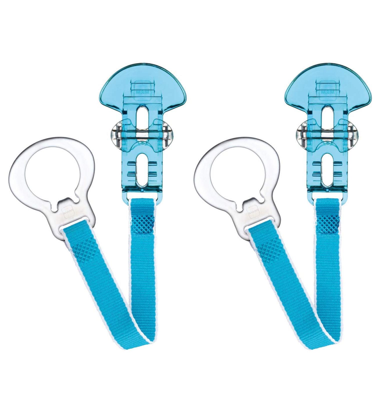 MAM Soother Clips 2 count (Pack of 1) Baby Soother Chain Fits All MAM Soothers Newborn Essentials White with Blue Strap (Soothers Not Included) - Buy Online on GoSupps.com
