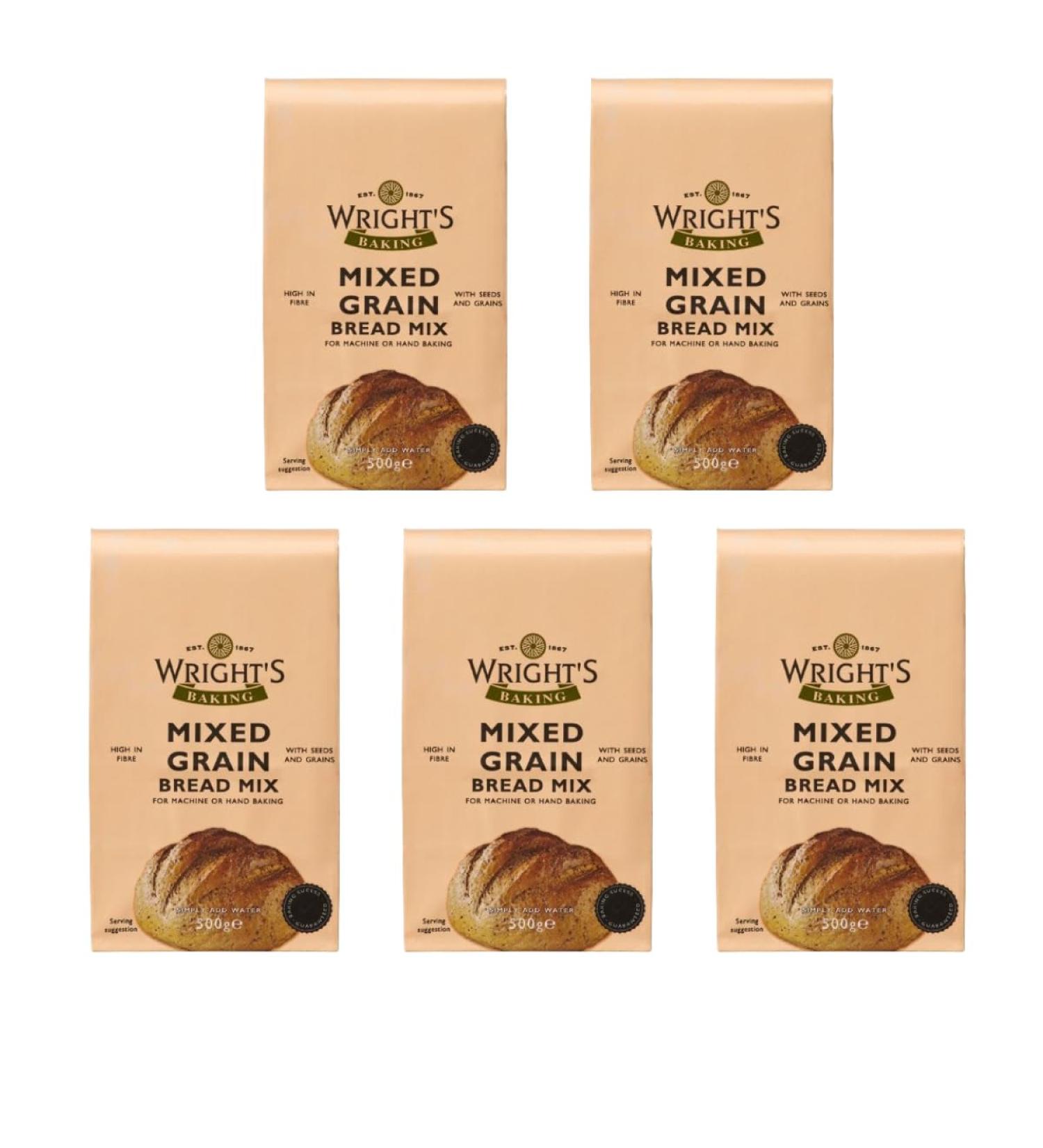Wright's Mixed Grain Bread Mix 500g X 5 Pack With Seeds and Grains High in Fibre For Machine or Hand Baking Simply Add Water Suitable for Vegetarians - Buy Online on GoSupps.com