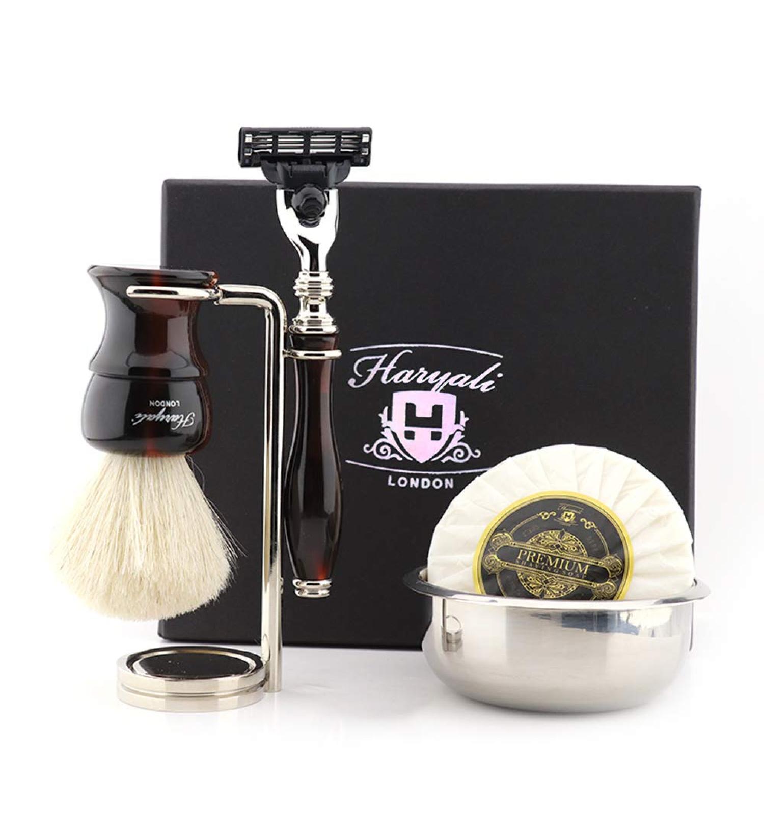 Haryali London Men's Shaving Set | 3-Edge Razor Badger Hair Brush Soap & Bowl | Premium International Shipping - Buy Online on GoSupps.com