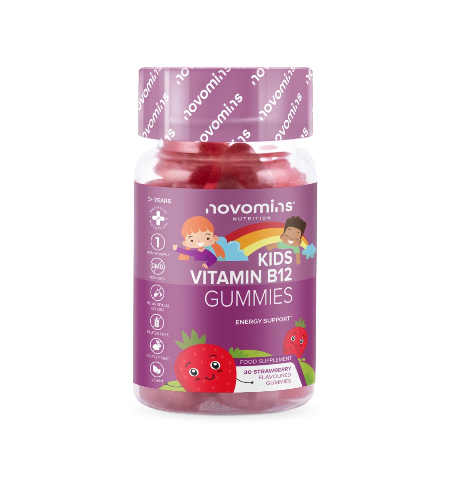 Kids Vitamin B12 Gummies - Energy & Metabolism Support - 30 Chewable Vegan Supplements for Children - Enriched with Vitamin C, B1, B2, B6, Biotin - Novomins - Buy Online on GoSupps.com