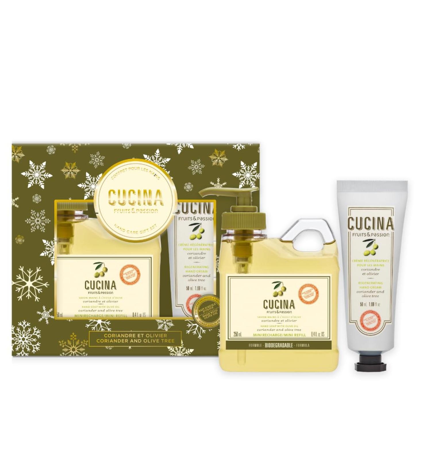 Fruit & Passion Cucina Coriander & Olive Mini Hand Soap Refill (250ml) and Nourishing Hand Cream (50ml) Holiday Gift Set Bundle - Buy Online on GoSupps.com