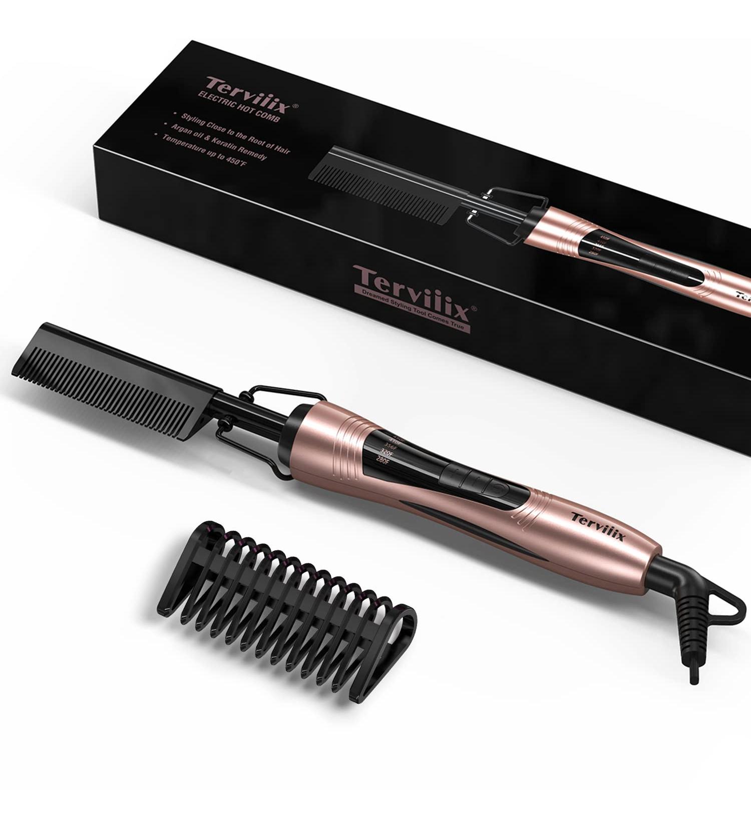 Terviiix Electric Hot Comb for Black Hair, Wigs & Beard - Anti-Scald Straightening Comb with Keratin & Argan Oil Infused Teeth - Adjustable Temperatures - Auto Shut Off - Rose Gold - Buy Online on GoSupps.com