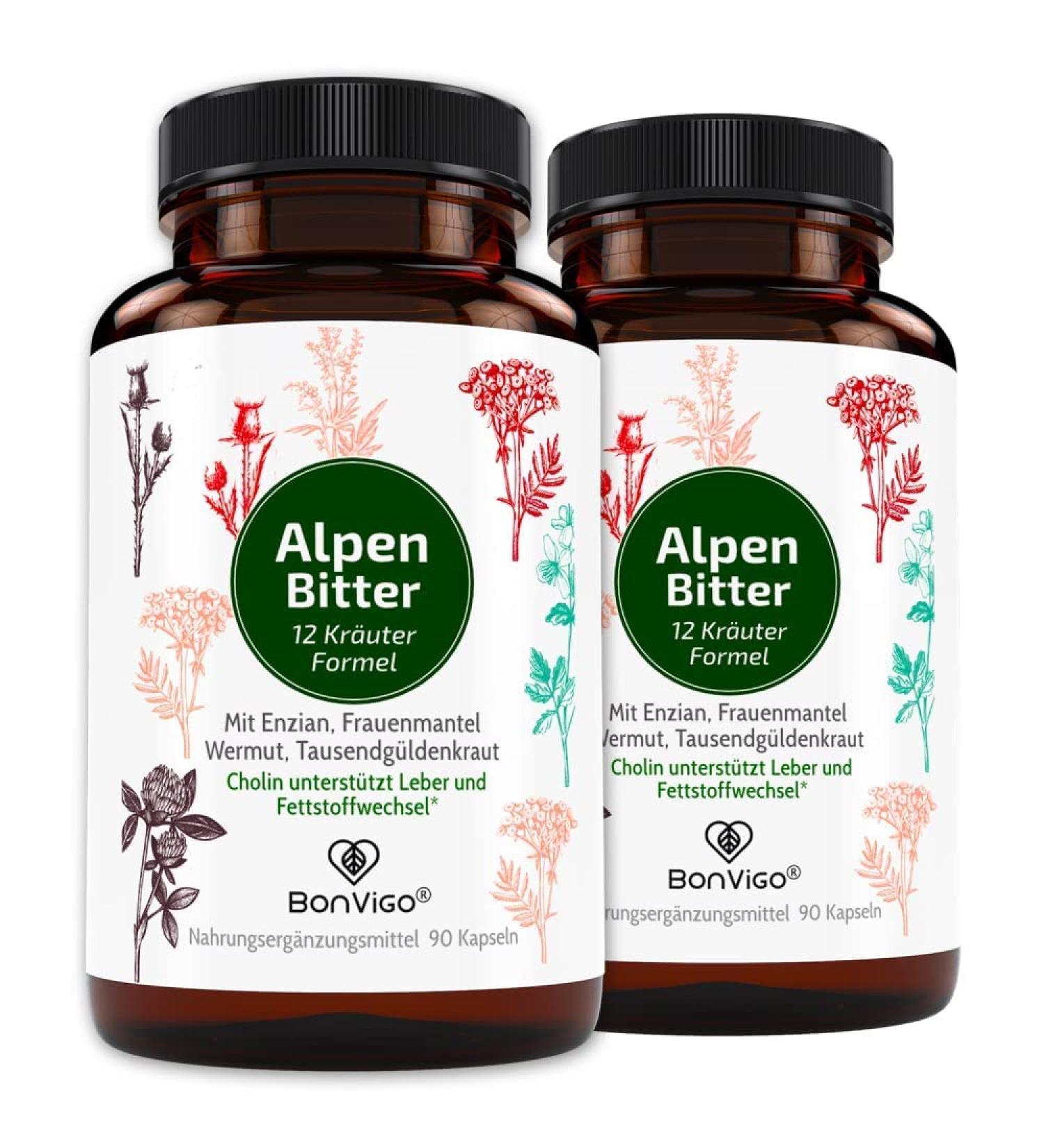 Bonvigo Alpenbitter - 180 Capsules of Bitter Herbs for Liver Fat Metabolism & Digestion | Monastery Recipe Stomach Bitter Formula - Buy Online on GoSupps.com