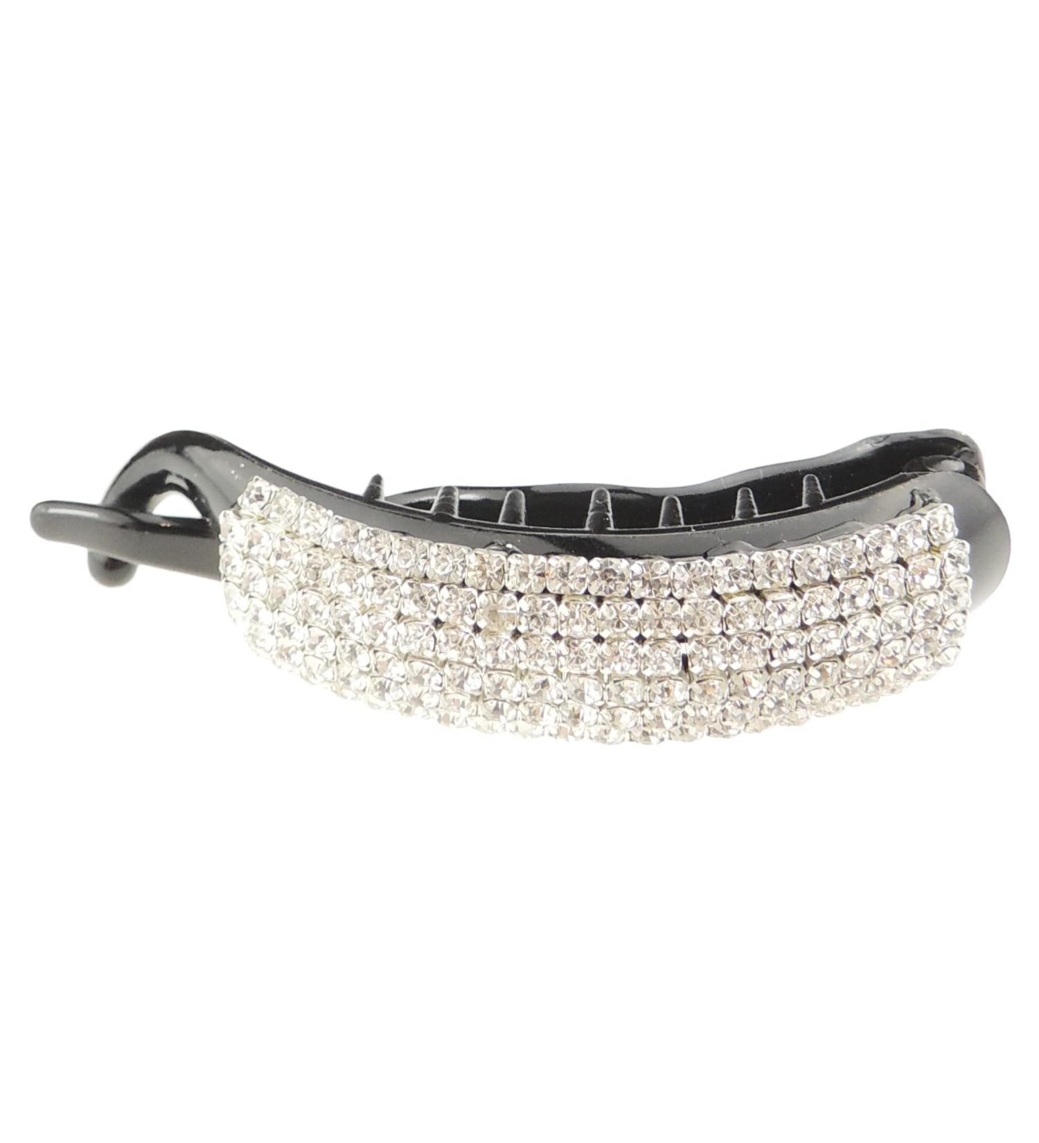 Extra Sparkly Diamante Crystal Curved Pony Tail Banana Fine Thin Small Hair Clip (Black)