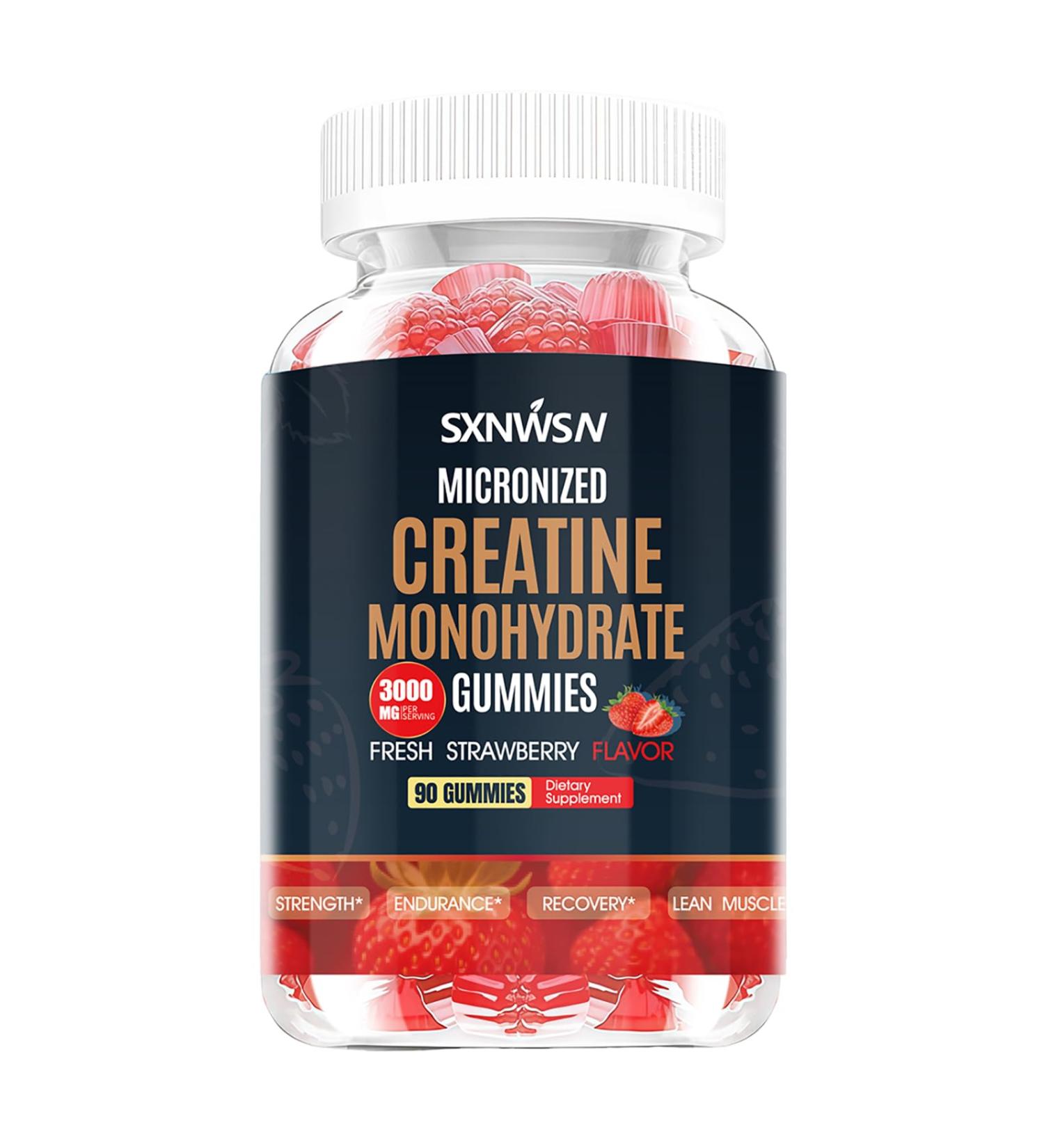 SXNWSN Creatine Monohydrate Gummies Strawberry Flavor 3000mg 90 Count Sugar-Free with Turmeric and Black Pepper Extract - Buy Online on GoSupps.com