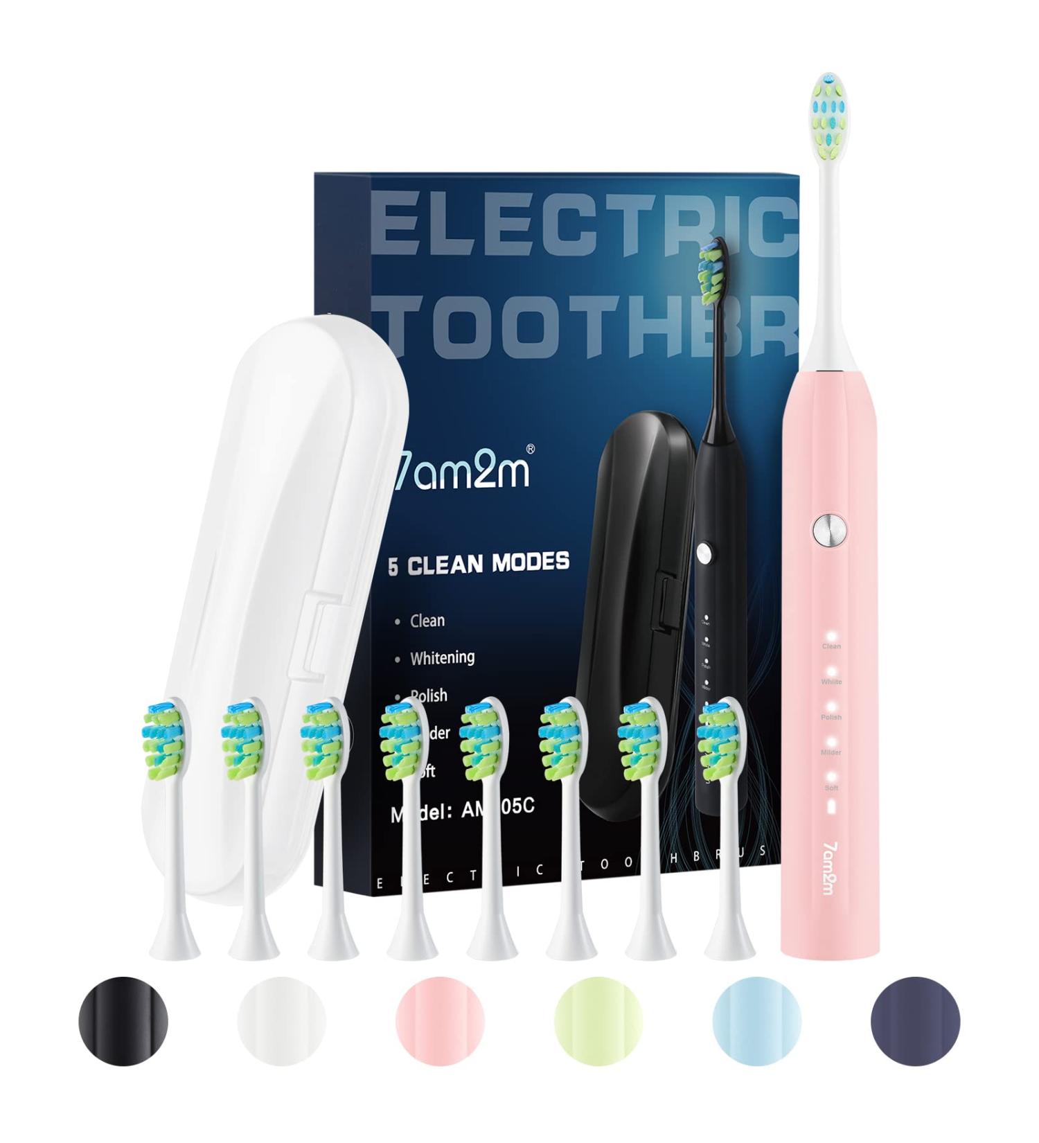 7am2m Sonic Electric Toothbrush for Adults and Kids with Travel Case and 8 Brush Heads 5 Modes with 2 Minutes Build in Smart Timer Roman Column Handle Design (Pink) Pink With Travel Case - Buy Online on GoSupps.com