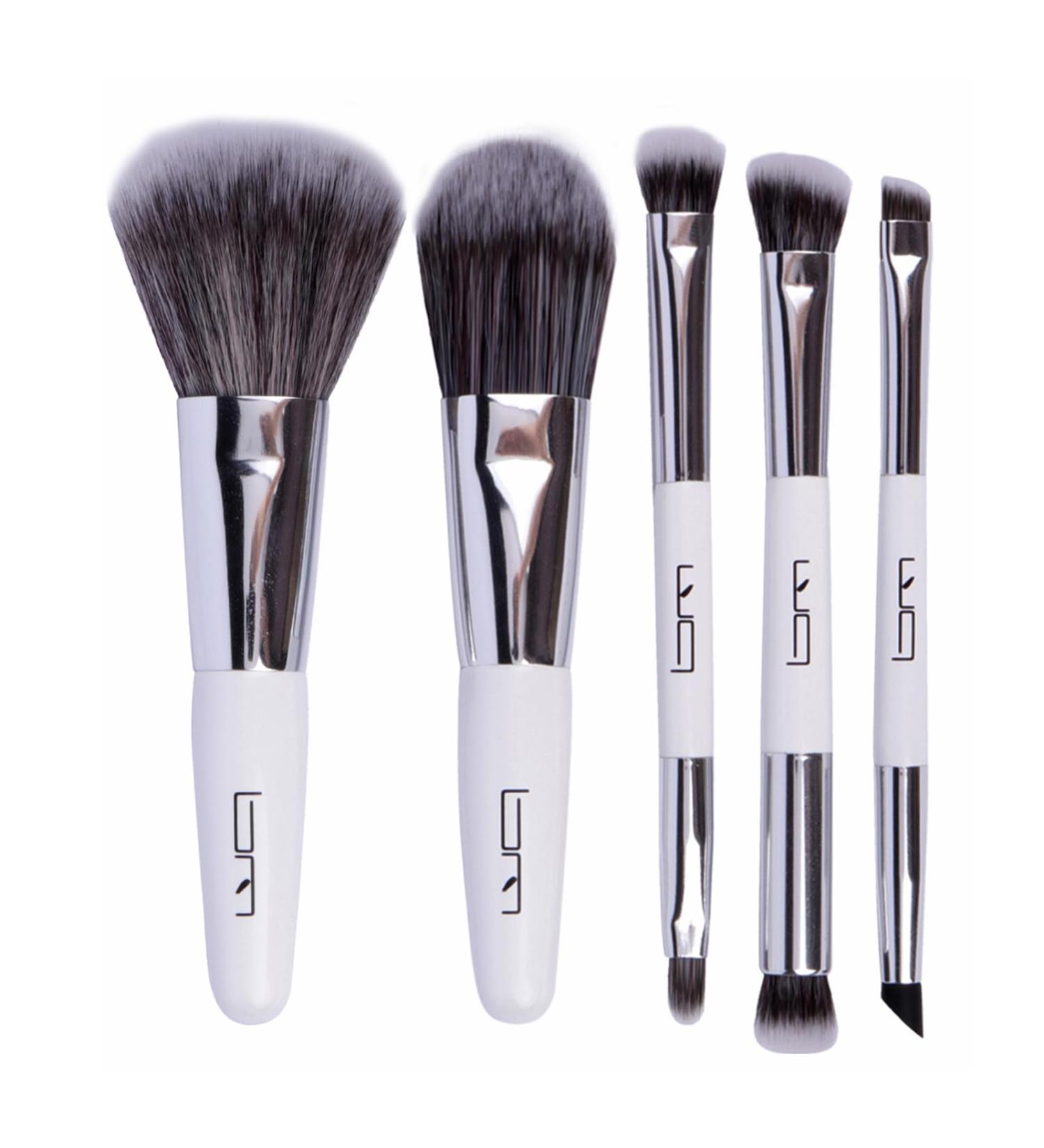 Travel Makeup Brushes Set - 5PCS Portable Double Ended Mini Kit with Pouch for Foundation Eyeshadow Lip & Blush - Professional White Cosmetic Brushes - Buy Online on GoSupps.com
