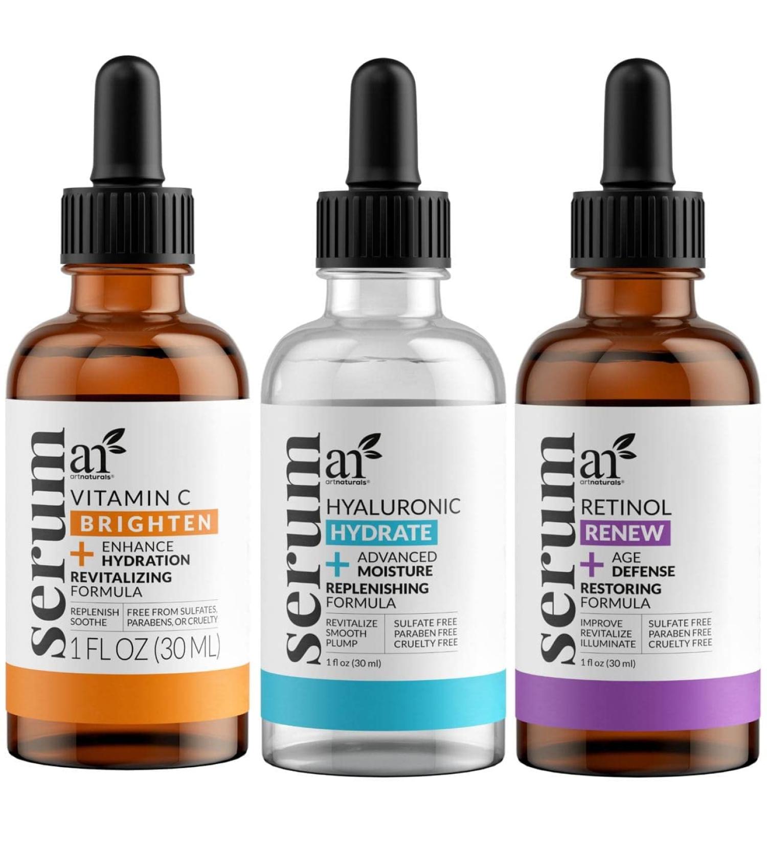 ArtNaturals Anti-Aging Set - Vitamin-C Retinol Hyaluronic Acid Serum for Wrinkles & Dark Circles - 3 x 1 Fl Oz - All Natural & Moisturizing (ANAA-0101) - Buy Online on GoSupps.com