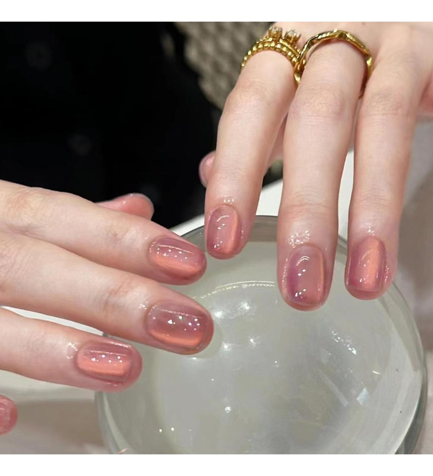 Buy Mouyouglow Press On Nails - Short Squoval Nude Pink Cat Eye Glossy Artificial Nails with Glue - Q32 - Buy Online on GoSupps.com