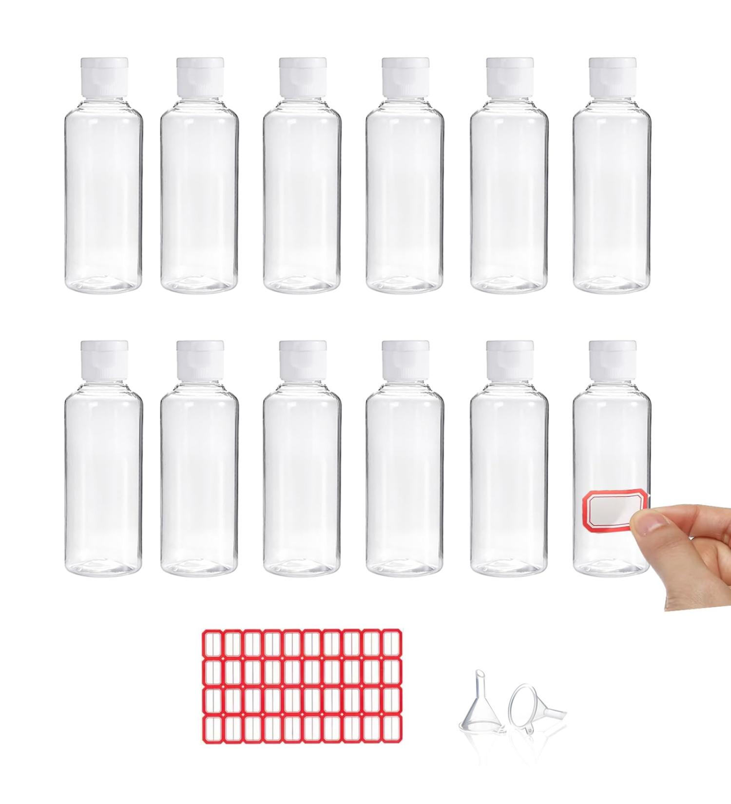 12 Pcs 50ml Plastic Travel Bottles for Toiletries Empty Refillable Transparent Containers Cosmetic Flip Cap Bottles for Toiletries Shampoo Lotions Cosmetics with 4pcs Funnels and 2 Sheets Free Labels 02 - Buy Online on GoSupps.com