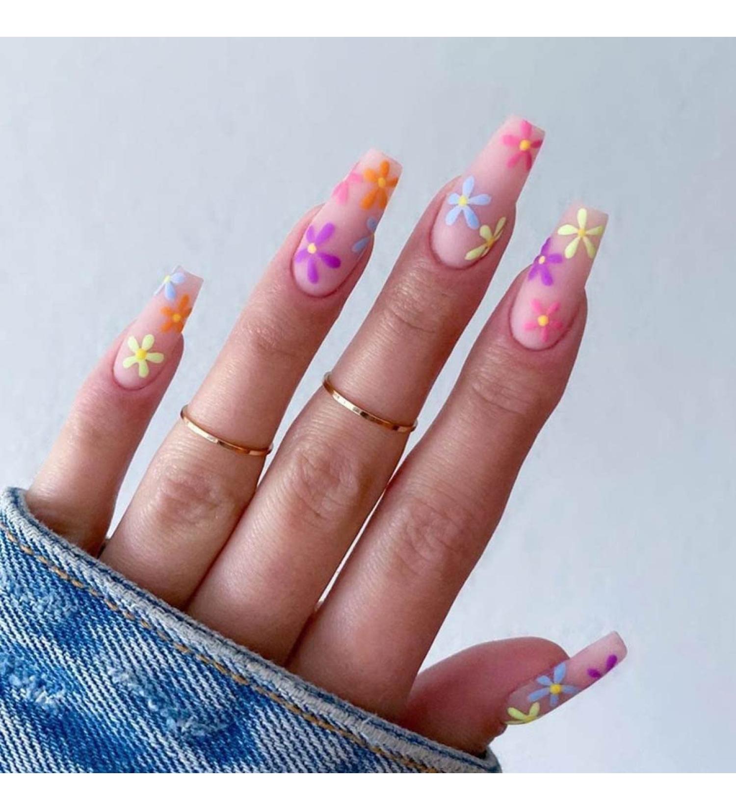 Colorful Matte Long Coffin Press on Nails - Pink Flower Design 24Pcs for Women and Girls - Buy Online on GoSupps.com