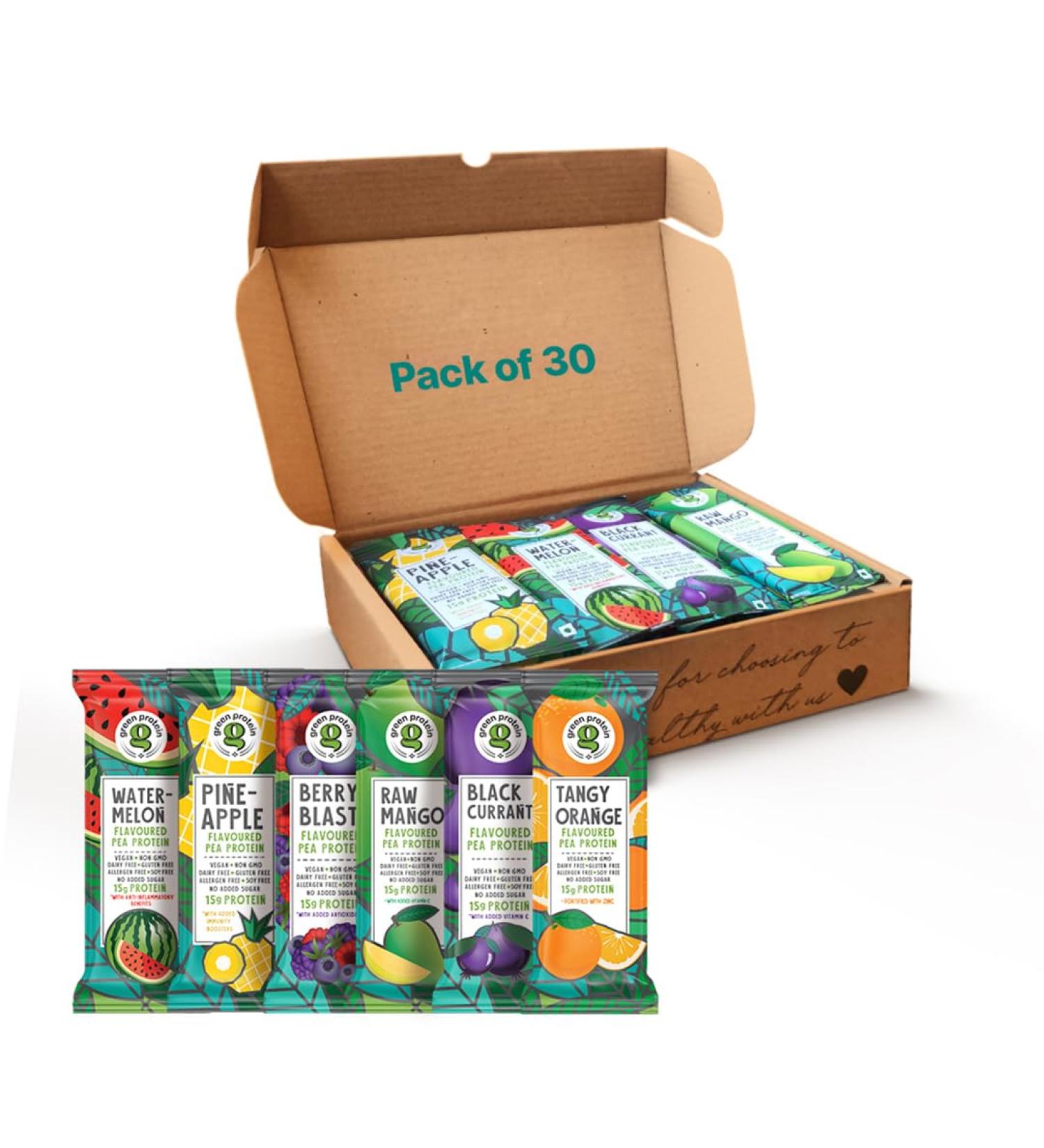 Vegan Plant Pea Protein Isolate Powder - Dairy Gluten Allergen & Soy Free No Added Sugar - Multipack of 30 (Pineapple Black Currant Berry Blast Watermelon Raw Mango & Orange - Buy Online on GoSupps.com
