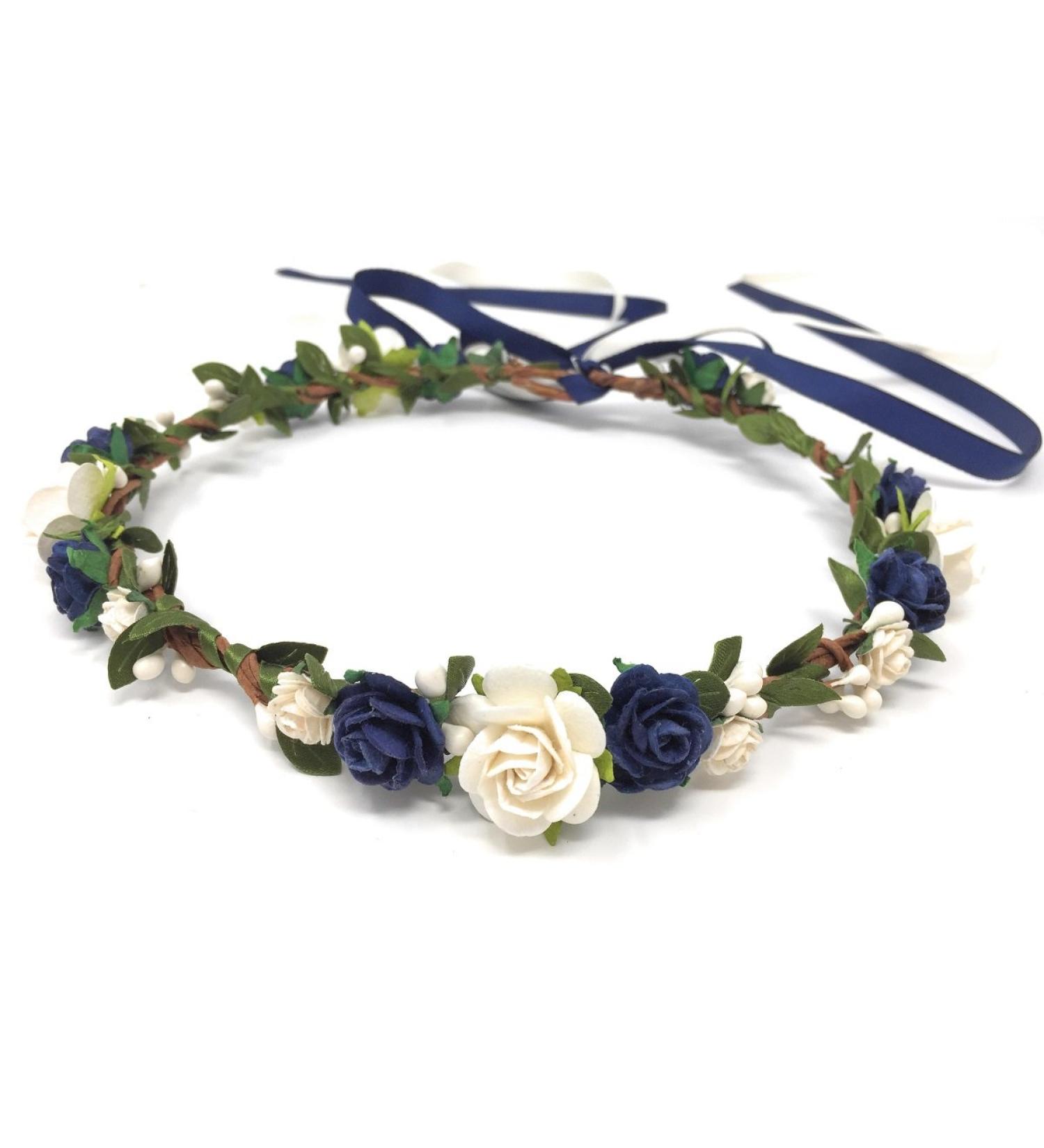 Daddasprincess Flower girl crown wedding boho headpiece headband hair wreath (Navy blue)
