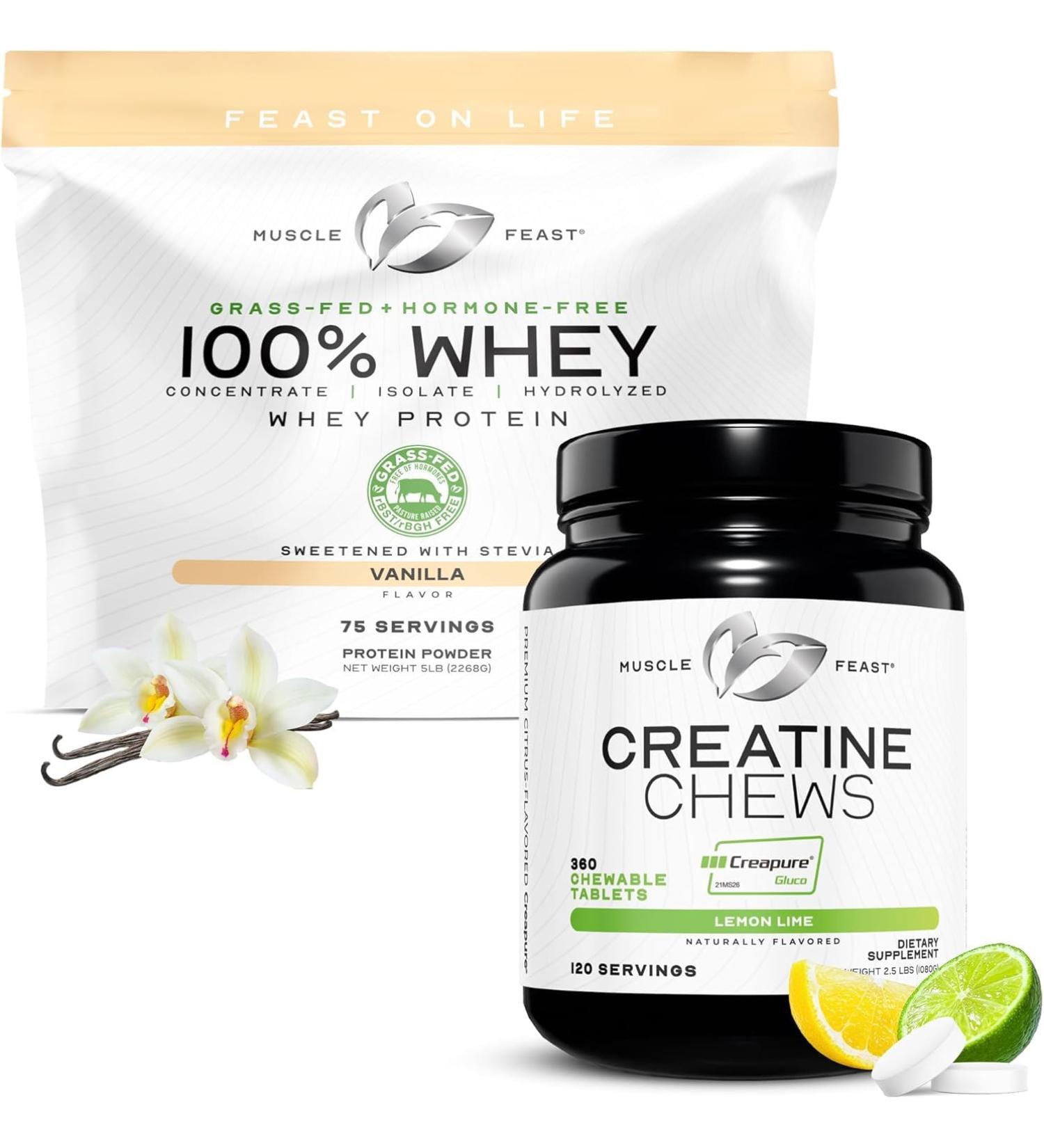 Muscle Feast 100% Whey + Creatine Candy Bundle: 1 100% Whey Protein (Vanilla 5lb) + 1 Creatine Candy (Lemon Lime 360) | Premium Supplements Vegetarian Gluten Free - Buy Online on GoSupps.com