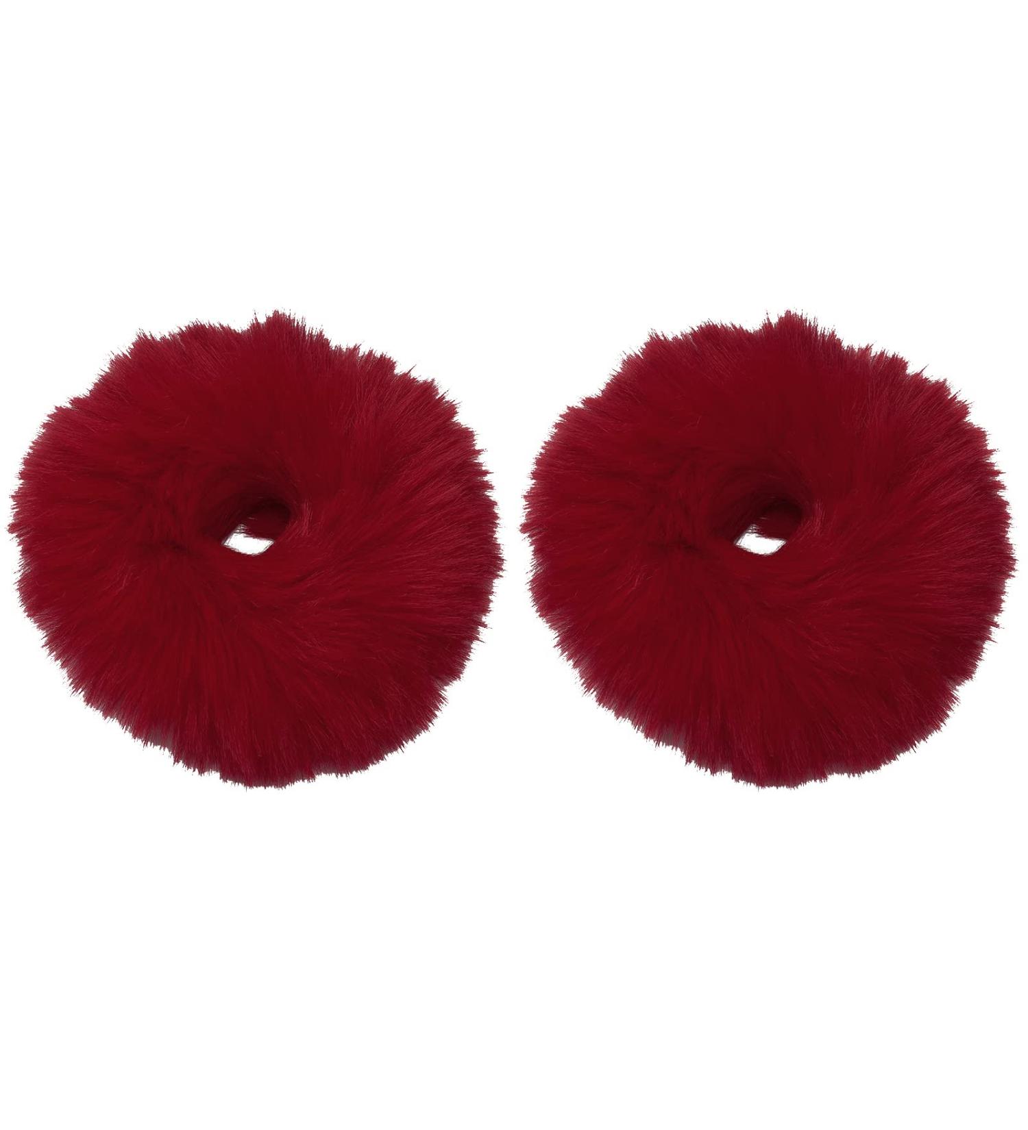 PROUSKY 2 Pieces Plush Faux Rabbit Fur Hair Ties Furling Pompoms Artificial Fur Hair Bobbles Elastic Hair Band Rope Wristband Ponytail Accessories (Wine red) - Buy Online on GoSupps.com