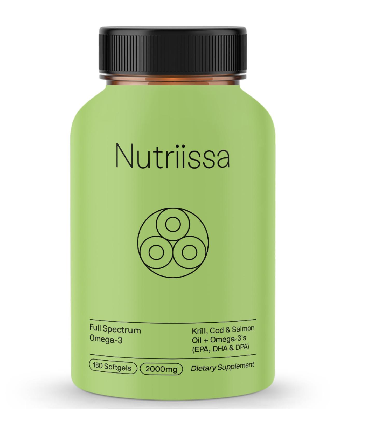 Nutriissa Full Spectrum Omega-3 2000 mg Oil Blend (Krill, Cod & Salmon Oil) 1175 mg Omega-3s (EPA, DHA & DPA) EPEB Certified, 3-Month Supply Heart, Brain & Joint Support 180 Halal Softgels - Buy Online on GoSupps.com