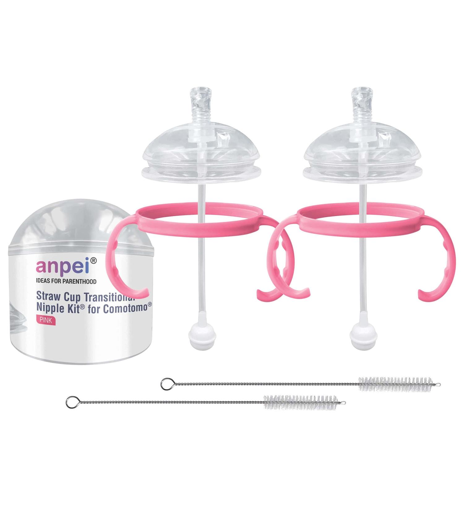 Anpei Straw Sippy Cup Nipple Kit Bundle for Comotomo Baby Bottles | 6 Piece Set with Brushes - Pink - Buy Online on GoSupps.com