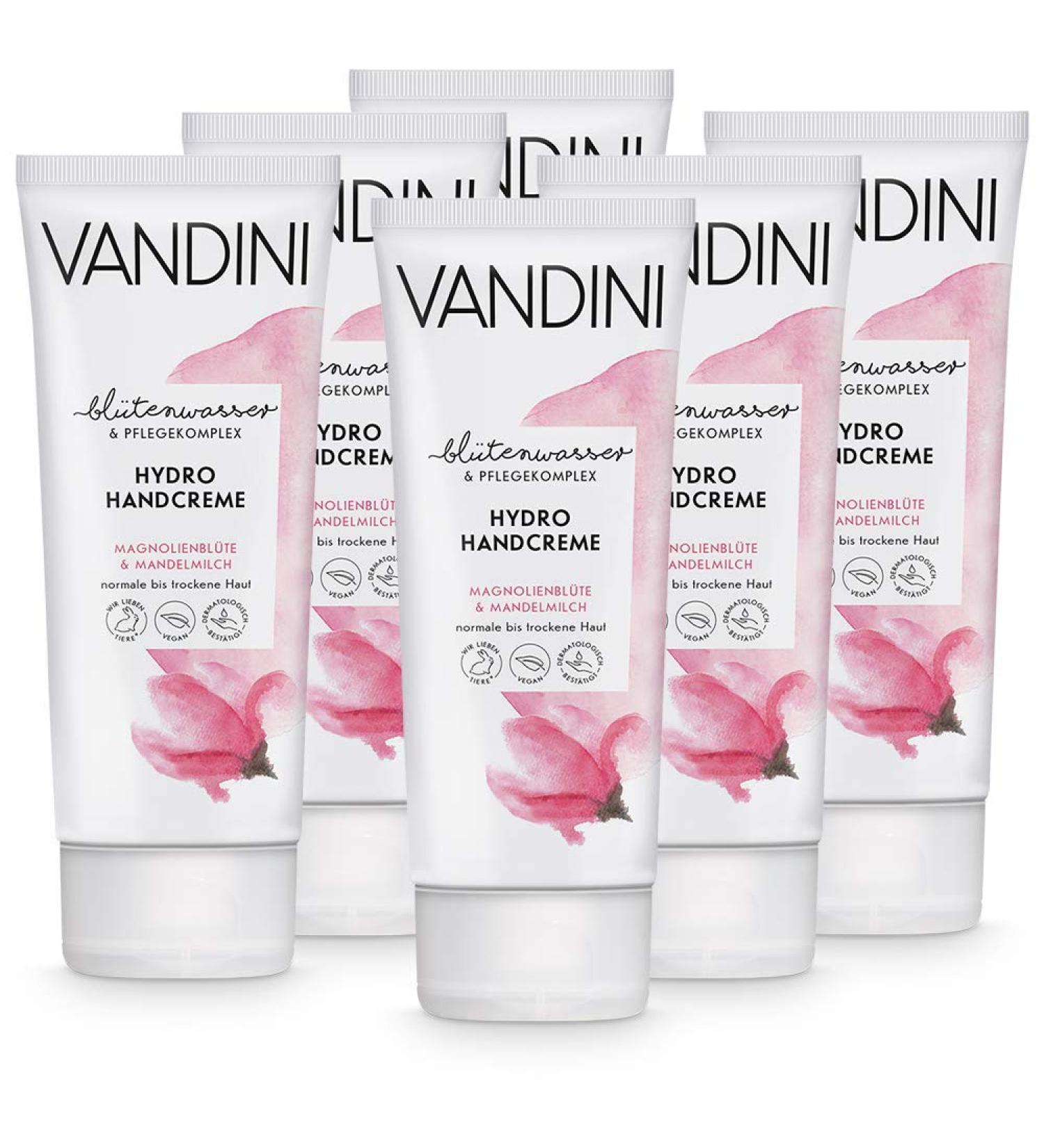 Vandini Hydro Hand Cream with Magnolia Blossom & Almond Milk - Vegan Moisturizer for Normal to Dry Skin - Paraben Silicone & Mineral Oil Free - 6x75ml - Buy Online on GoSupps.com