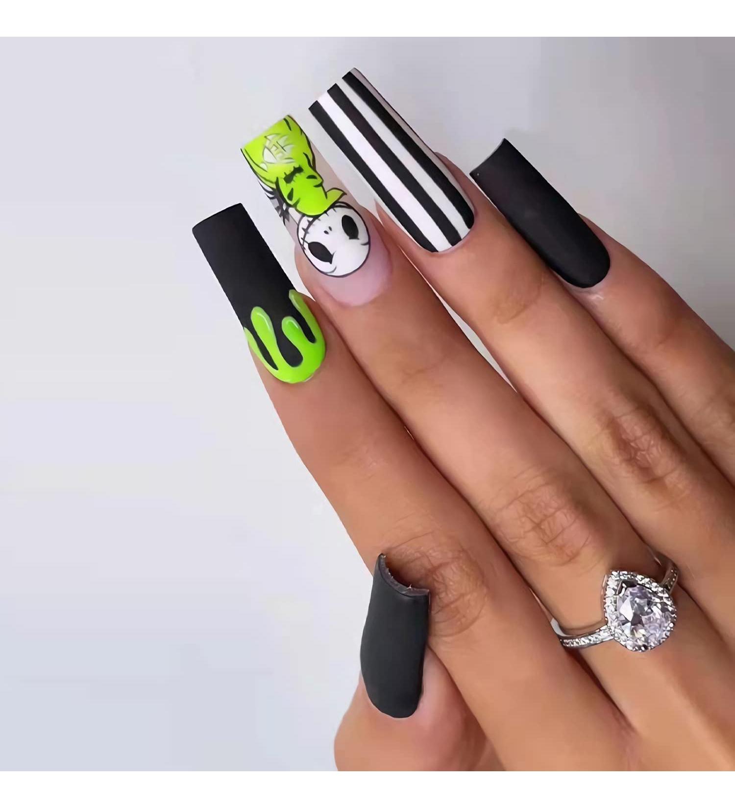 24Pcs Halloween Coffin Fake Nails - Black & White Stripes with Ghost Design | Glossy Stick on Acrylic Nails for Women & Girls - Buy Online on GoSupps.com