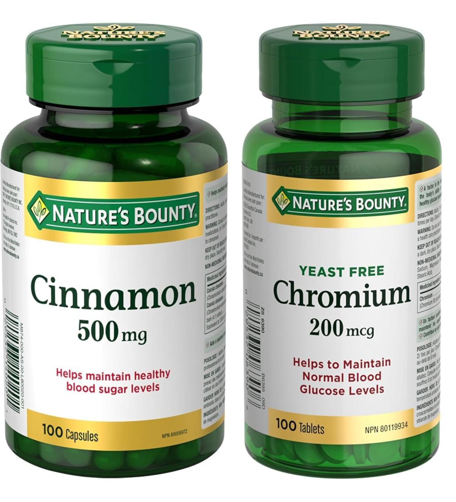 Nature's Bounty Cinnamon 500mg Pills and Herbal Health Supplement Helps Maintain Blood Sugar Levels 100 Capsules & Chromium Supplement Helps Metabolize Carbohydrates and Fats 200mcg 100 Tablets - Buy Online on GoSupps.com