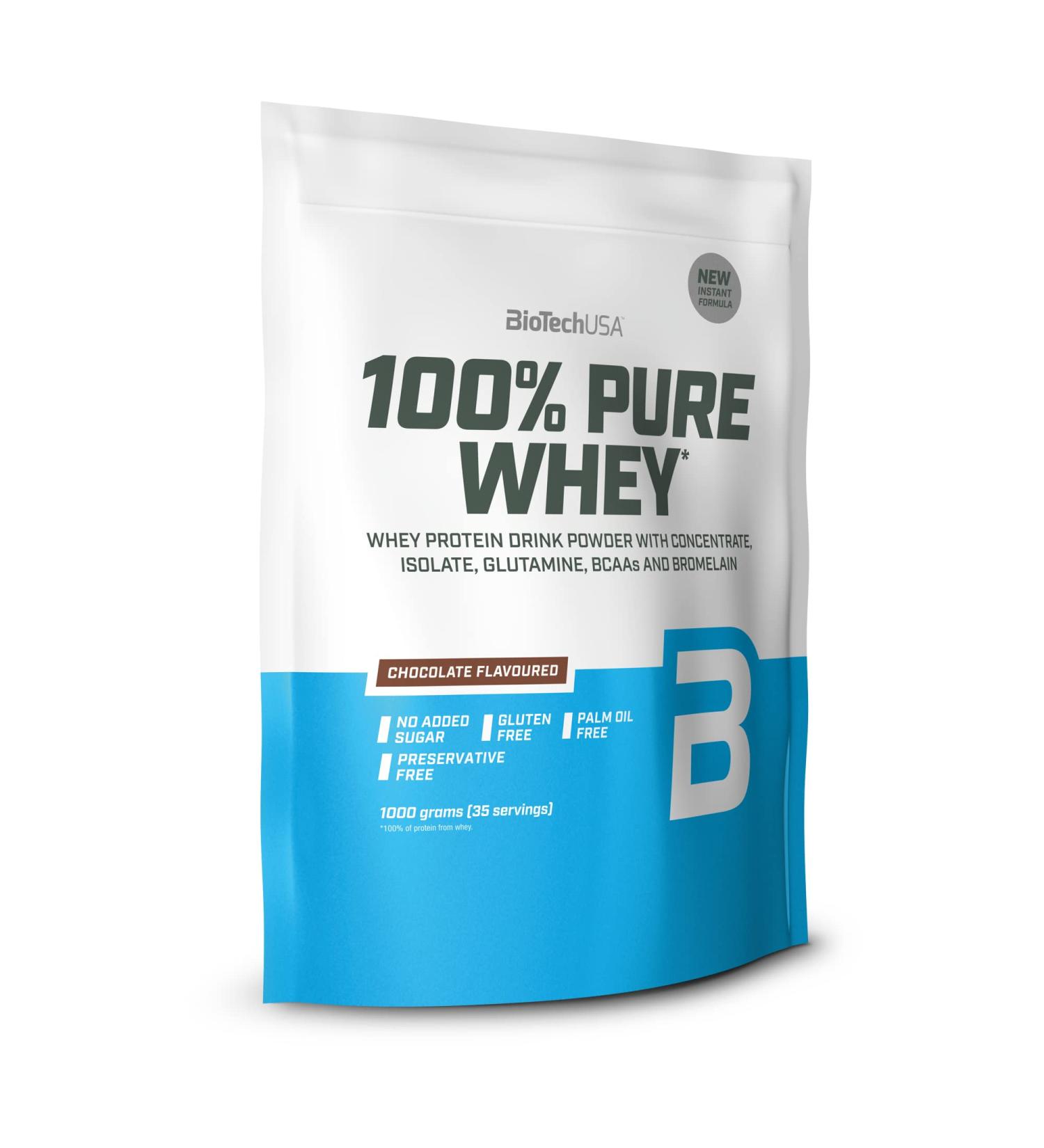 BiotechUSA 100% Pure Whey Protein Powder - 21g Protein BCAA & Glutamine - Gluten-Free Palm Oil-Free - Chocolate Flavor 1kg  - Buy Online on GoSupps.com