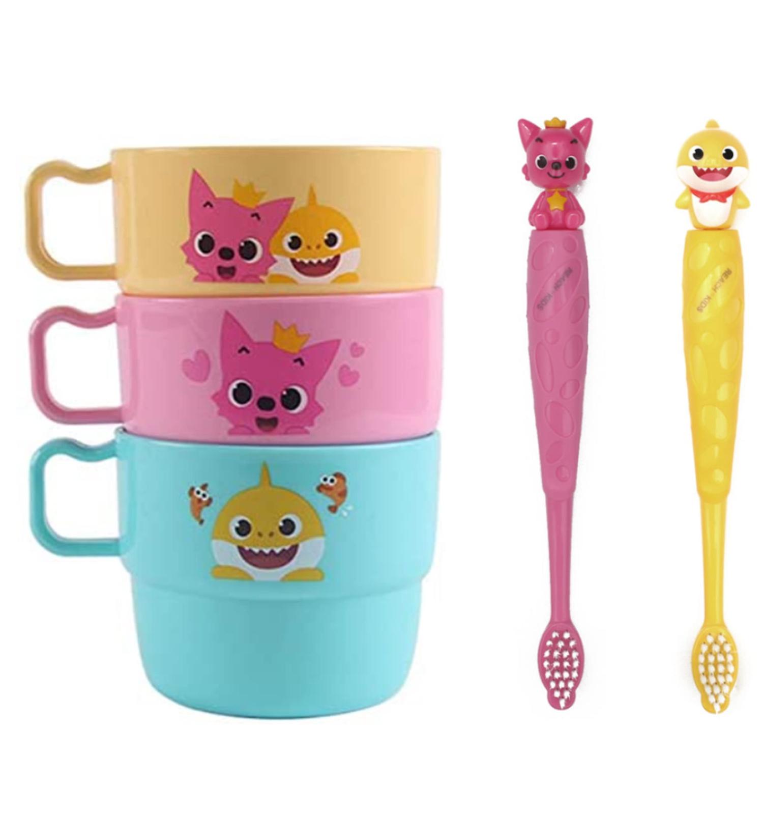 Baby Shark 3P Family Plastic Cups & 2P Toothbrush Set for Kids (3-6 Years) | 230 ml Capacity | Cute Shark Figures - Buy Online on GoSupps.com