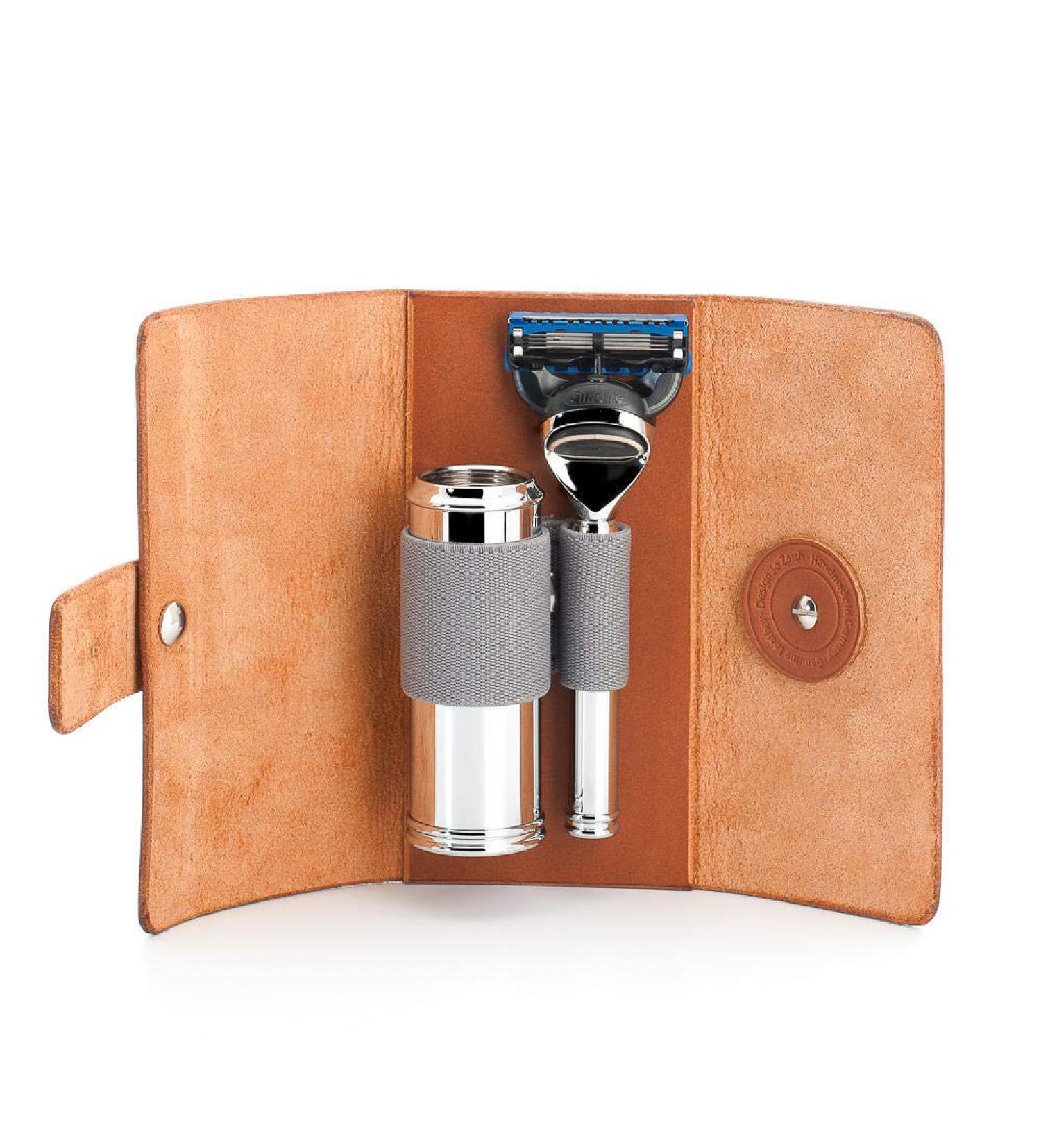 M hle Travel Set - Silvertip Fibre Brush & Gillette Compatible Razor in Brown Leather Bag | Premium Shaving Kit - Buy Online on GoSupps.com