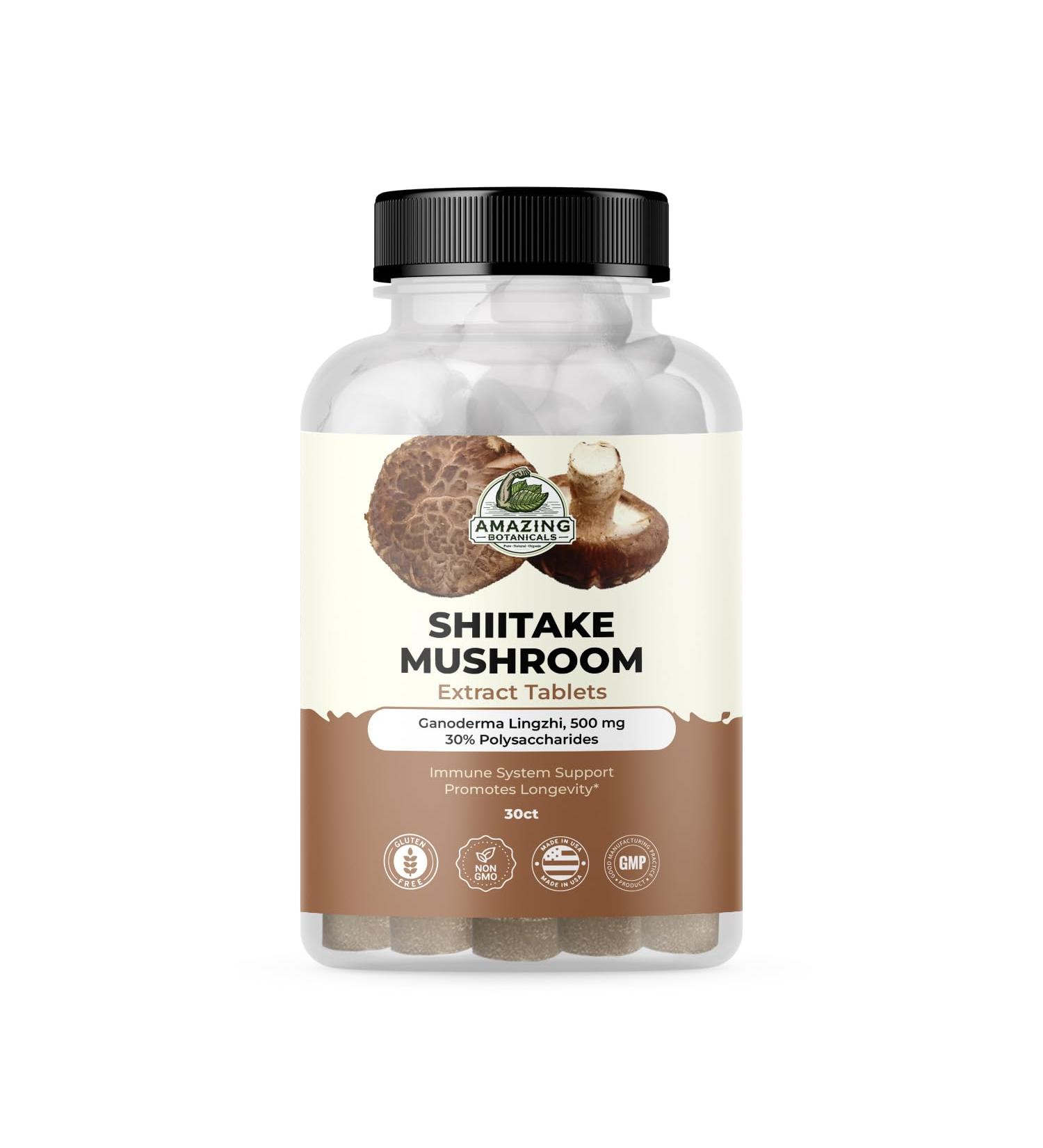 Amazing Botanicals Shiitake Mushroom 500mg Extract Tablets - 30% Polysaccharide - Natural Mushroom Complex for Overall Wellbeing - 30 Count - Buy Online on GoSupps.com