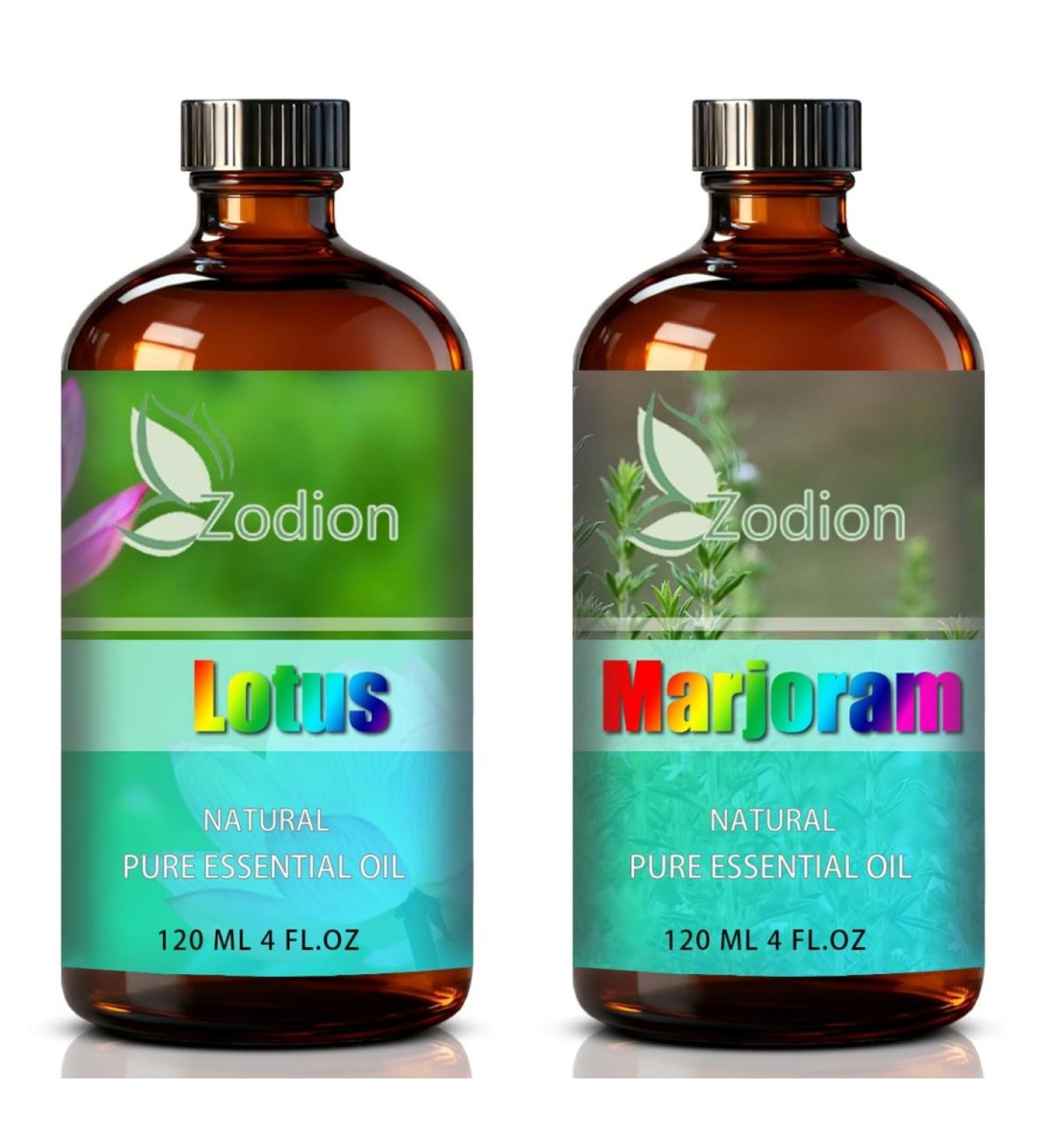 Marjoram Essential Oil 4 Fl Oz and Lotus Essential Oil 4 Fl Oz - ZODION Marjoram & Lotus Oil for Diffuser Aromatherapy Home Fragrance Skin & Hair Care DIY Candle & Soap Making Yoga - Buy Online on GoSupps.com