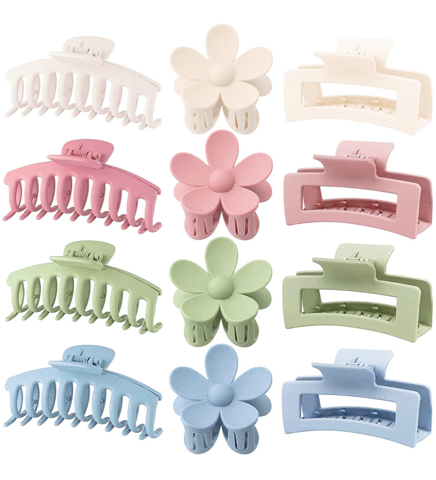 12 Pack Large Flower Hair Claw Clips - Square Matte Strong Hold for Thick & Thin Hair - Cute Hair Clips for Women - Blue Pink Khaki - 3 Styles - Buy Online on GoSupps.com