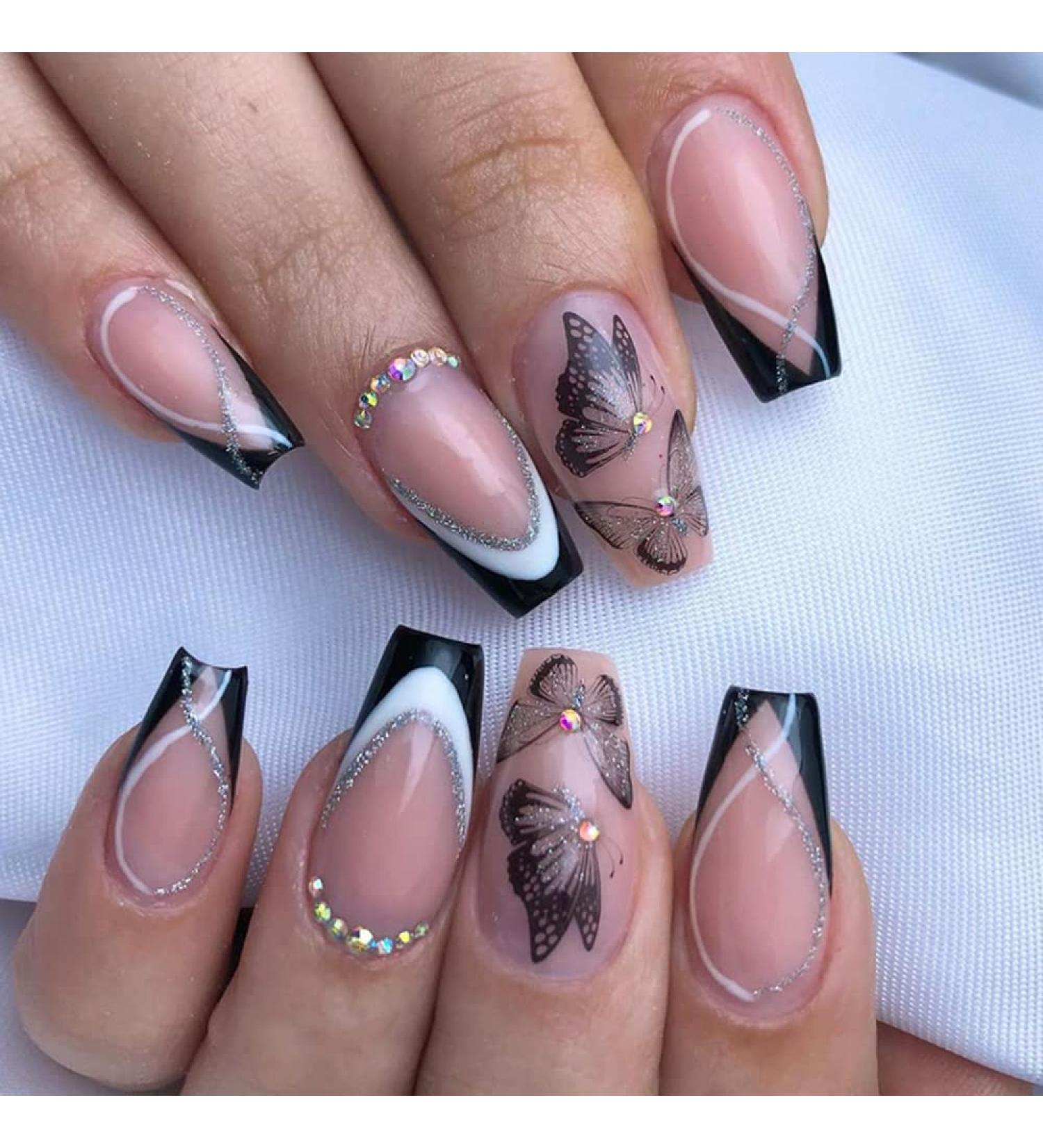Medium Length Coffin Nude Butterfly Glitter Press on Nails - 24Pcs/Set - Buy Online on GoSupps.com