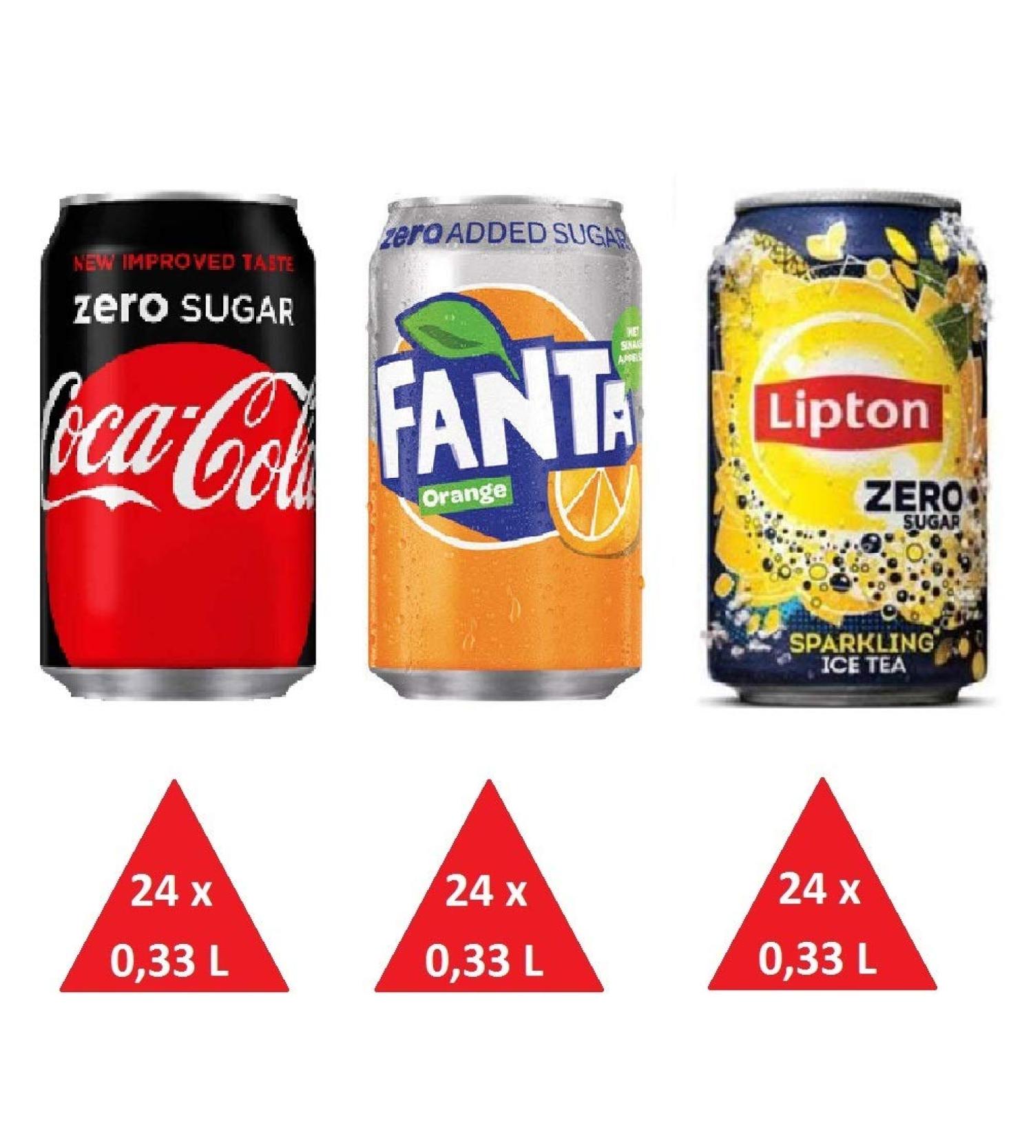 Sugar-free package: 72 disposable doses 0.33l (24 x cola zero 24 x Fanta zero 24 x liptone ice tea sparkling zero) including free fivestar ballpoint pen