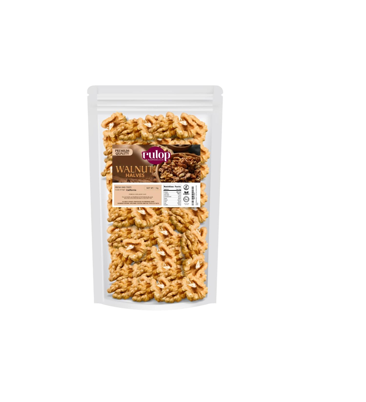 Rulop Walnuts Halves - 1kg - California Walnuts - Premium Quality Resealable Pouch Nutrient-Rich - Buy Online on GoSupps.com