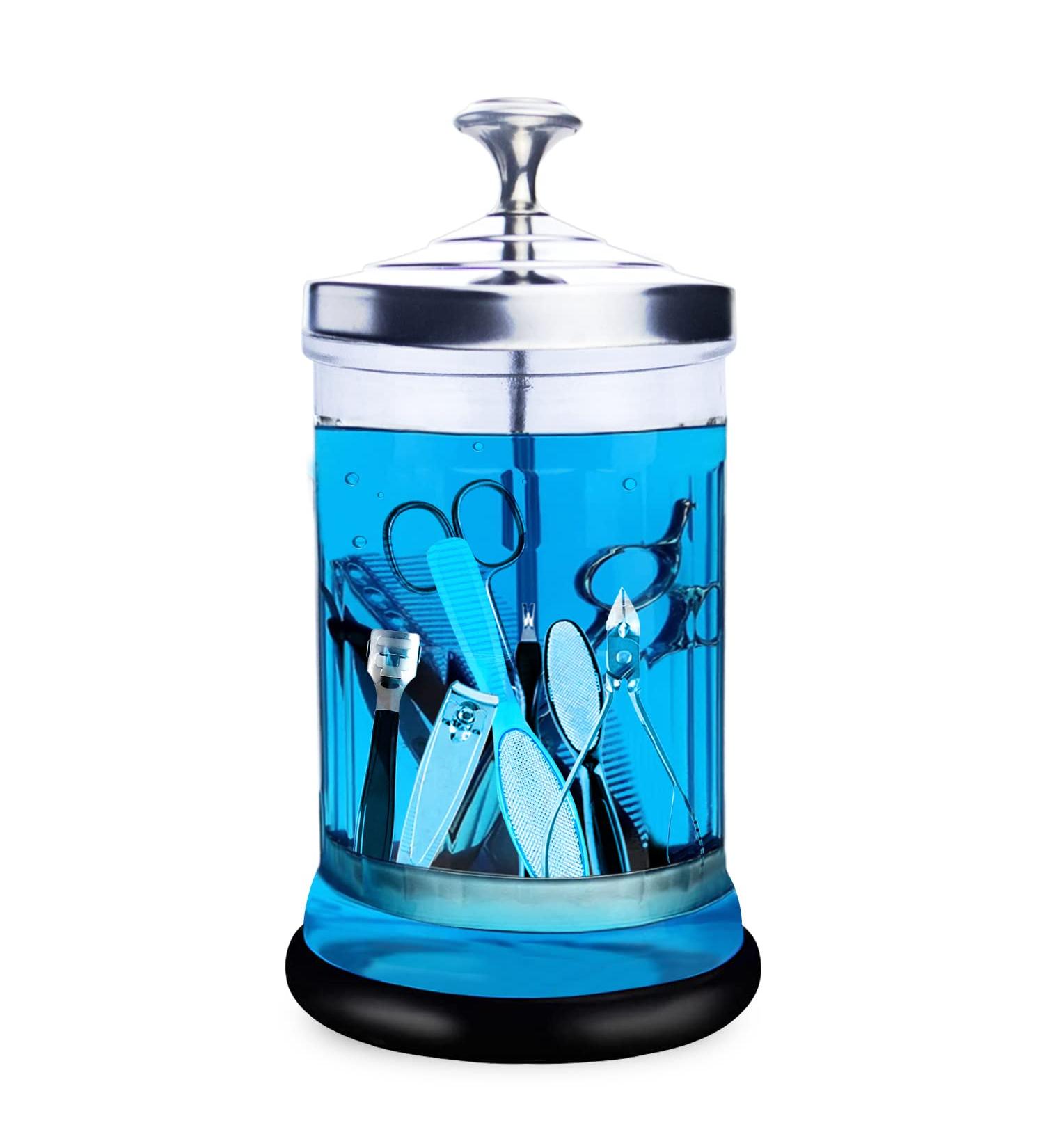 Barber Disinfectant Jar 21 Oz Manicure Sterilizing jar with Removable Basket Manicure Disinfecting Jar for Nail Tool Glass Salon Disinfecting Jar Container for Barber Supplies - Buy Online on GoSupps.com