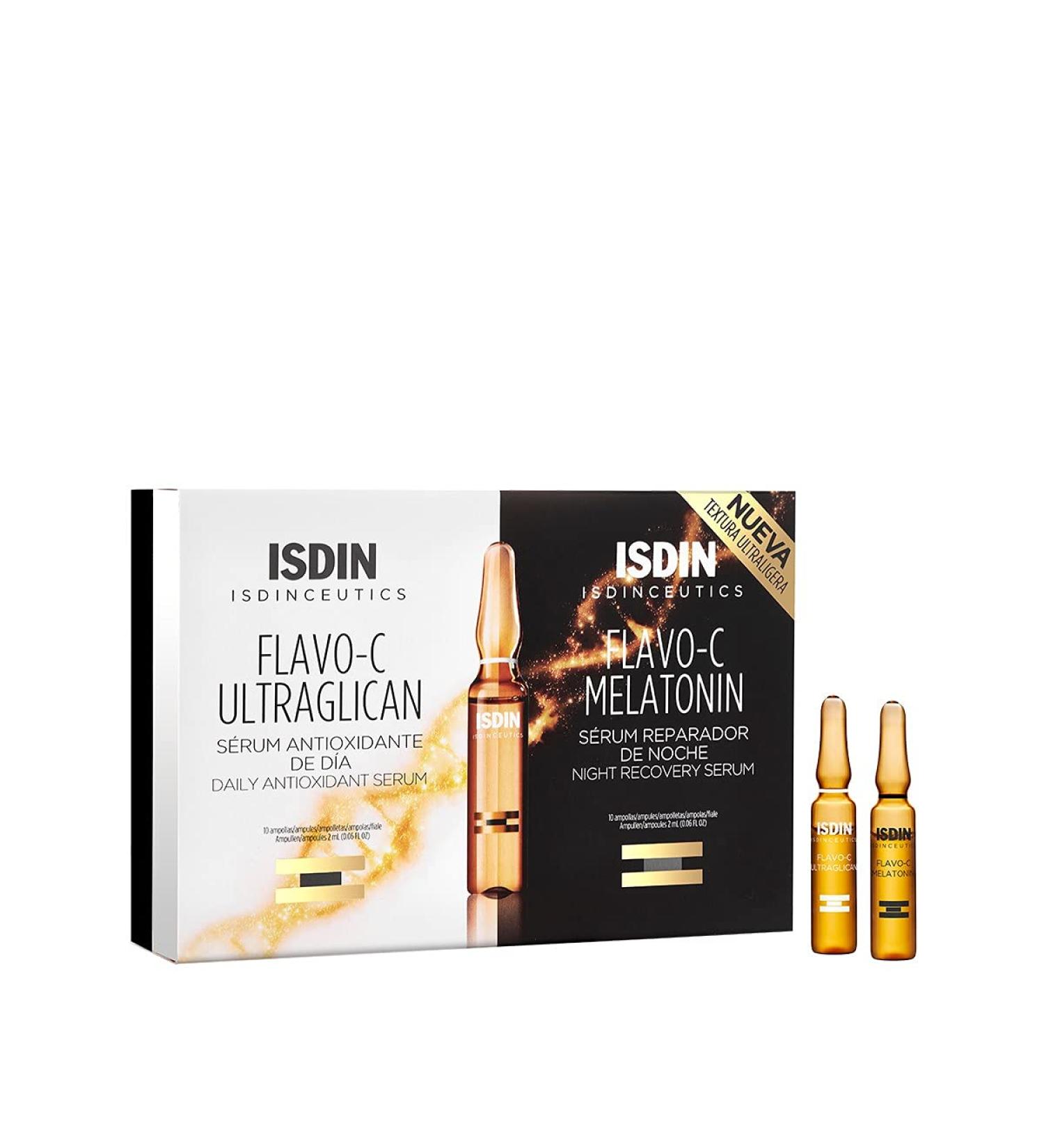ISDIN Isdinceutics Day and Night Pack | Flavo-C Ultraglican (10 ampoules) and Flavo-C Melatonin (10 ampoules) | Daily Antioxidant Serum and Night Recovery Serum - Buy Online on GoSupps.com