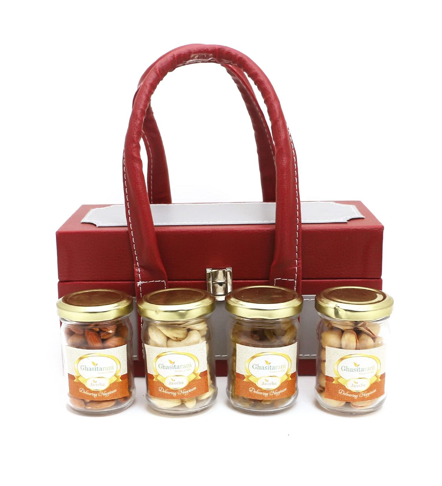 Jaiccha Ghasitaram Apex Wooden Box of 4 Dryfruits Jars|Gift for Diwali Gifts Holi Rakhi Valentine Christmas Birthday Anniversary Her Him| - Buy Online on GoSupps.com