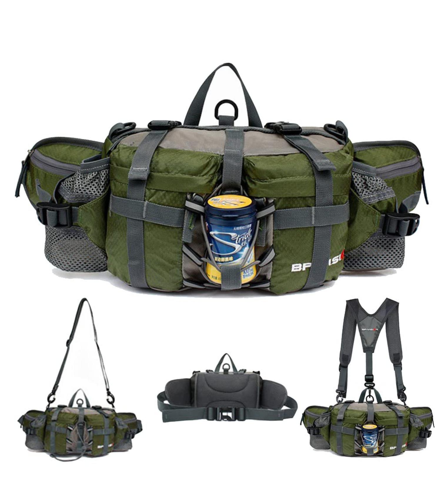 Multifunctional Military Style Belt Pocket with Bottle Holders | Waterproof Ruck Bag Shoulder Bag for Hiking Travel & Camping - Army Green - Buy Online on GoSupps.com