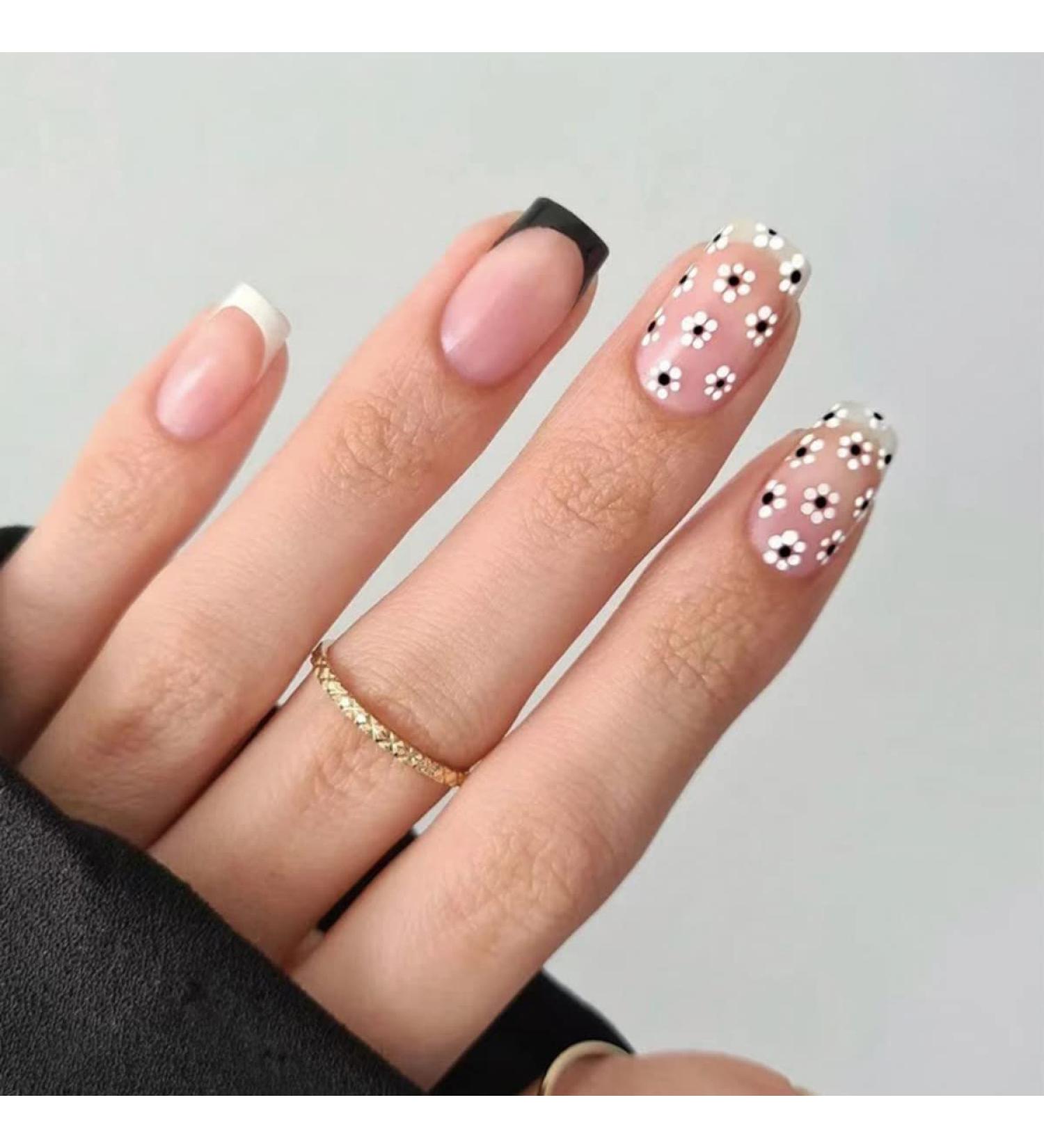 Justotry 24-Piece Black French Angular Press-On Nails with Floral Design | Short Square Fake Nails for Women | Classic Artificial Fingernails - Buy Online on GoSupps.com