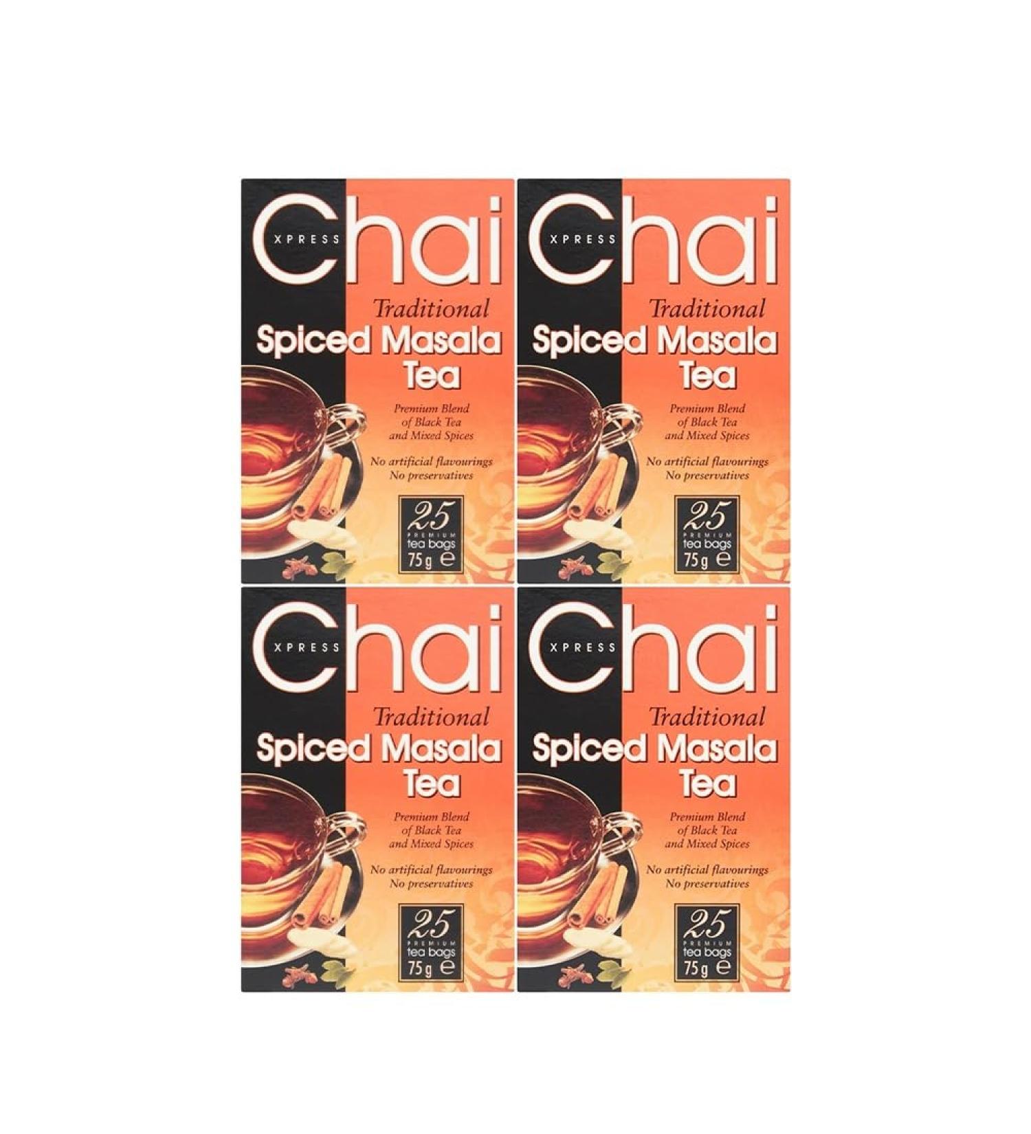 Chai Xpress Spiced Masala Tea | 25 Tea Bags | Traditional Spiced Masala Tea | Premium Blend Of Black Tea & Mixed Spices | No Artificial Flavourings | No Preservatives | Indian Origin |75G | Pack Of 4 - Buy Online on GoSupps.com