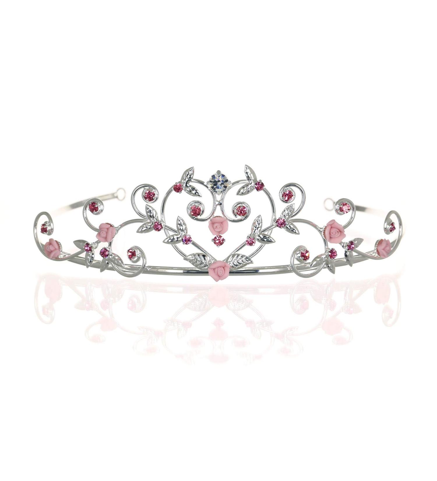 Rose Flower Rhinestone Crystal Wedding Tiara Crown - Pink Roses | Silver Plated - Buy Online on GoSupps.com