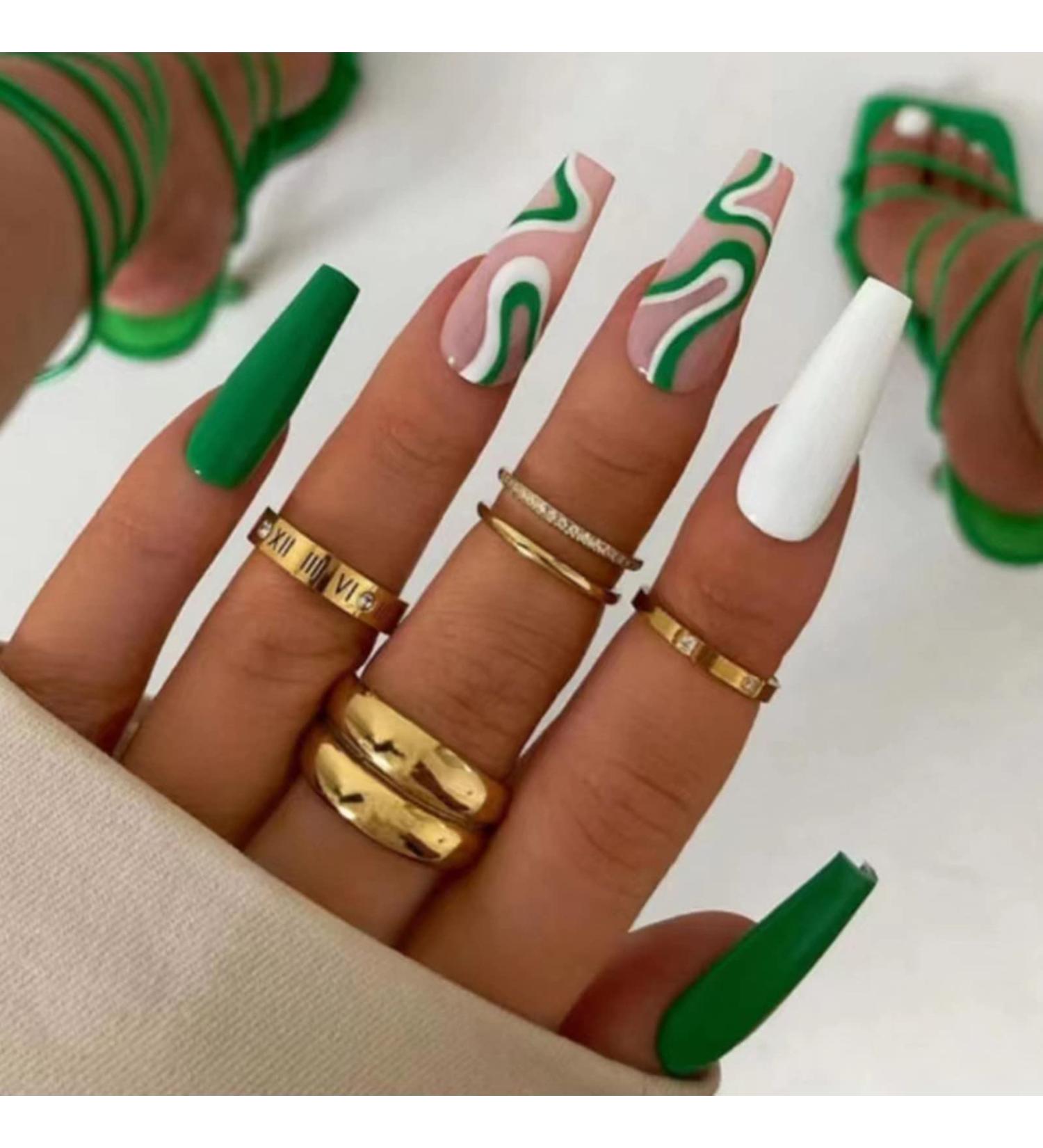 Justotry 24 Pcs Long Emerald Green Swirl Press On Nails | Coffin Patterns Nude Ballerina Stick on Nails | Acrylic False Nails with Glue for Women - Buy Online on GoSupps.com