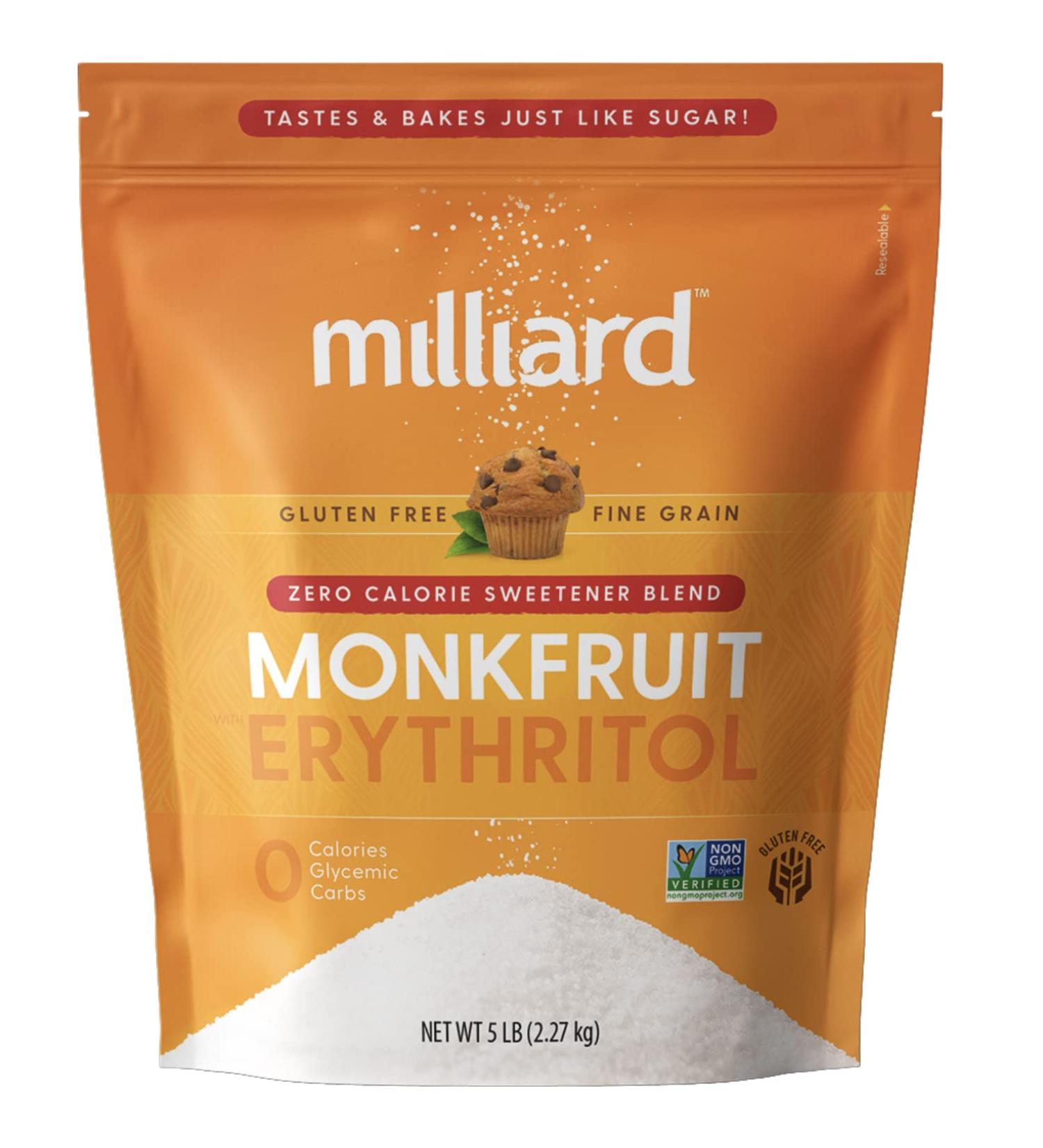 Milliard Monk Fruit Sweetener - 1:1 Sugar Replacement, 0 Calories, White Monkfruit with Erythritol (5 lb) - Buy Online on GoSupps.com