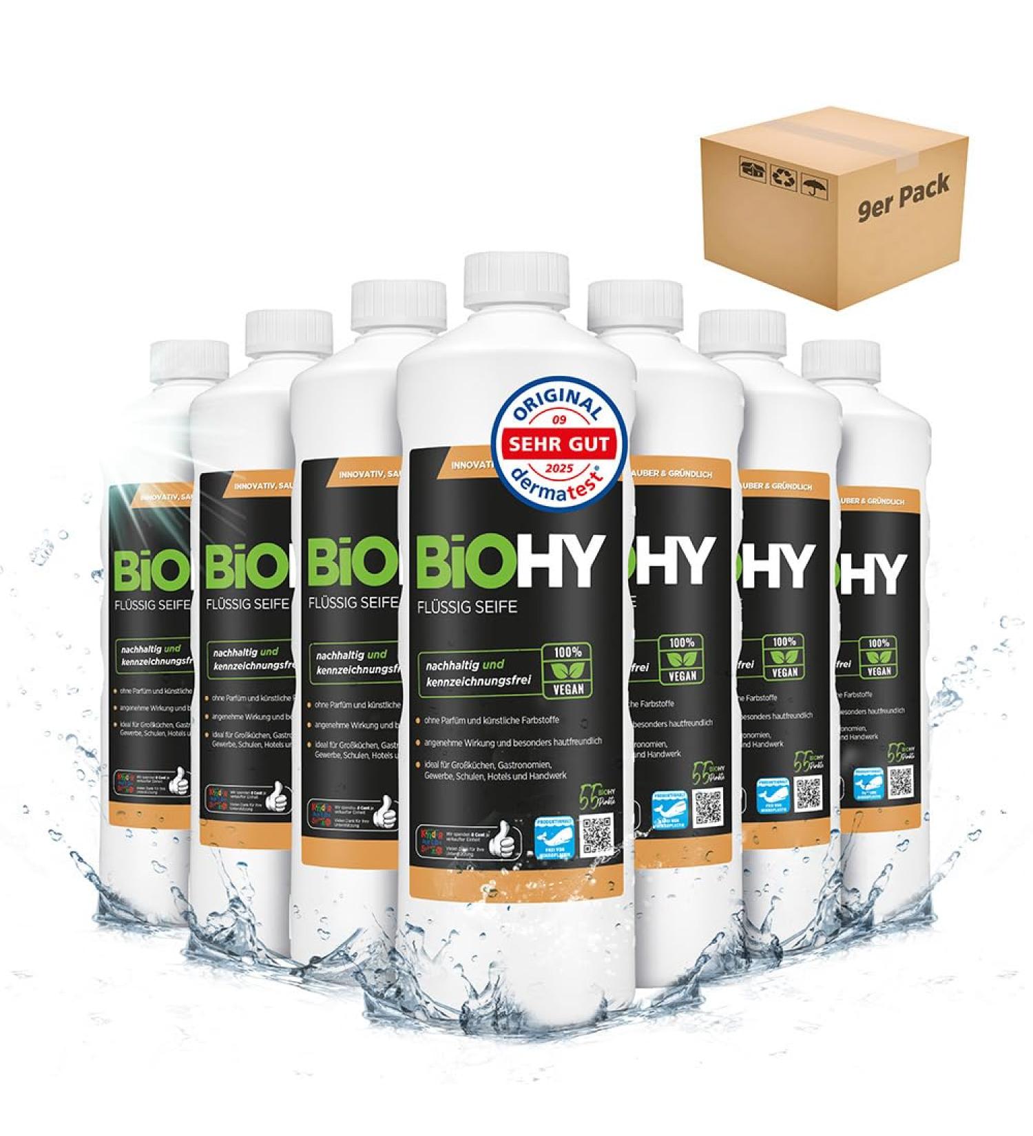  BIOHY BiOHY Liquid Soap (9 x 1 Liter) | Skin-friendly moisturizing & liquid hand soap | PHOSPHATE-FREE | Odorless hygiene | Also suitable for the face | Without perfume & dyes - Buy Online on GoSupps.com