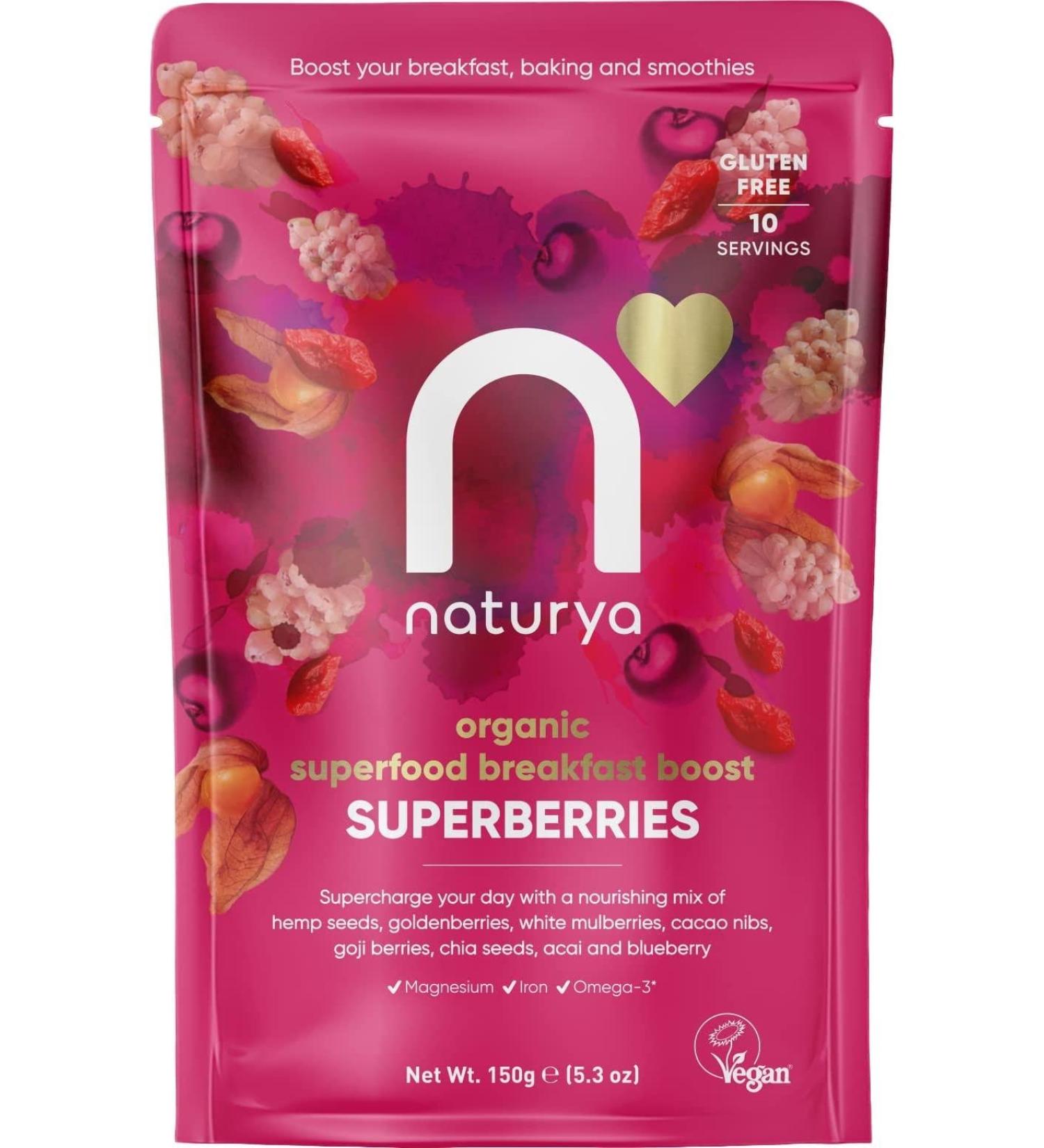 Naturya Organic Superberries Breakfast Boost - Omega-3 Rich Hemp, Goji, Goldenberries, Chia Seeds Mix - 150g | Vegan, Gluten-Free - Buy Online on GoSupps.com