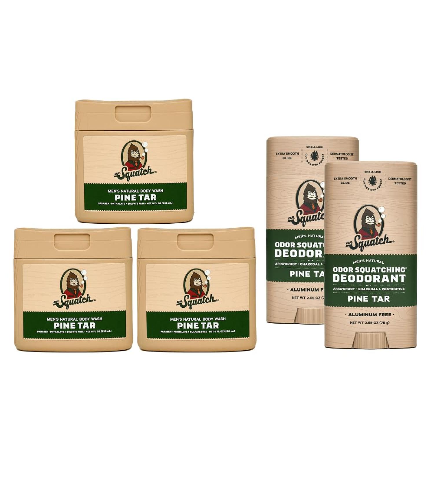 Dr. Squatch NEW Body Wash and Deodorant for Men Gift Set | No Paraben Phthalate Sulfate | Odor-Squatching Aluminum-Free | Pine Tar Body Wash (8 oz 3-Pack) & Deodorant (2.56 oz 2-Pack) - Buy Online on GoSupps.com